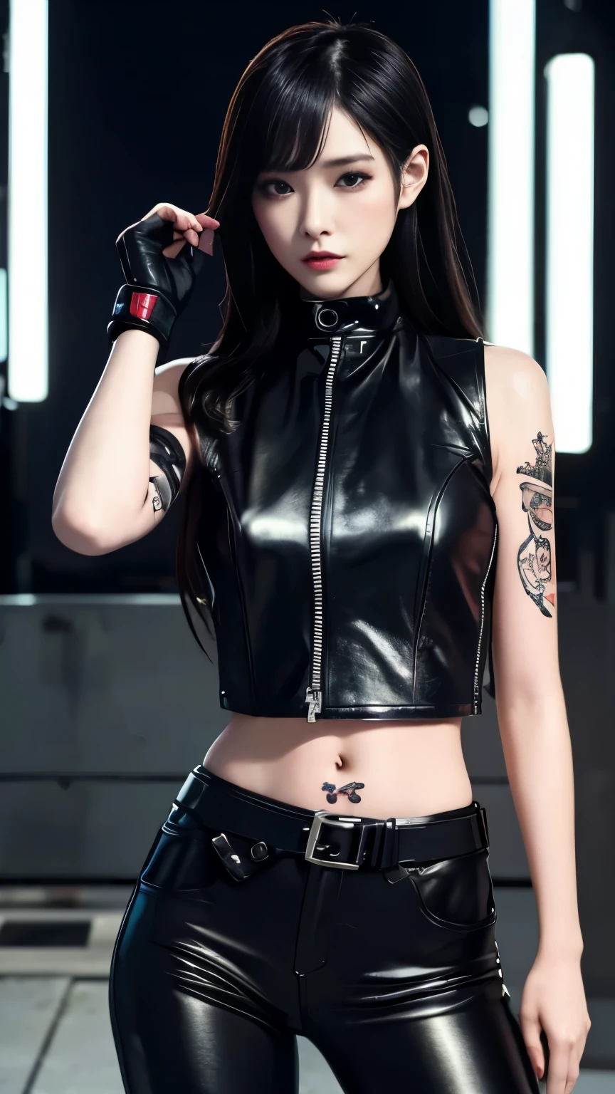 (highest quality)，masterpiece，Super detailed，8K, UHD，Beautiful woman，japanese woman，No expression，whole body，((tattoo))，slim，black leather pants，black leather vest，(female mafia)，gangster，(cyberpunk city)，night，cinematic lightening，underworld