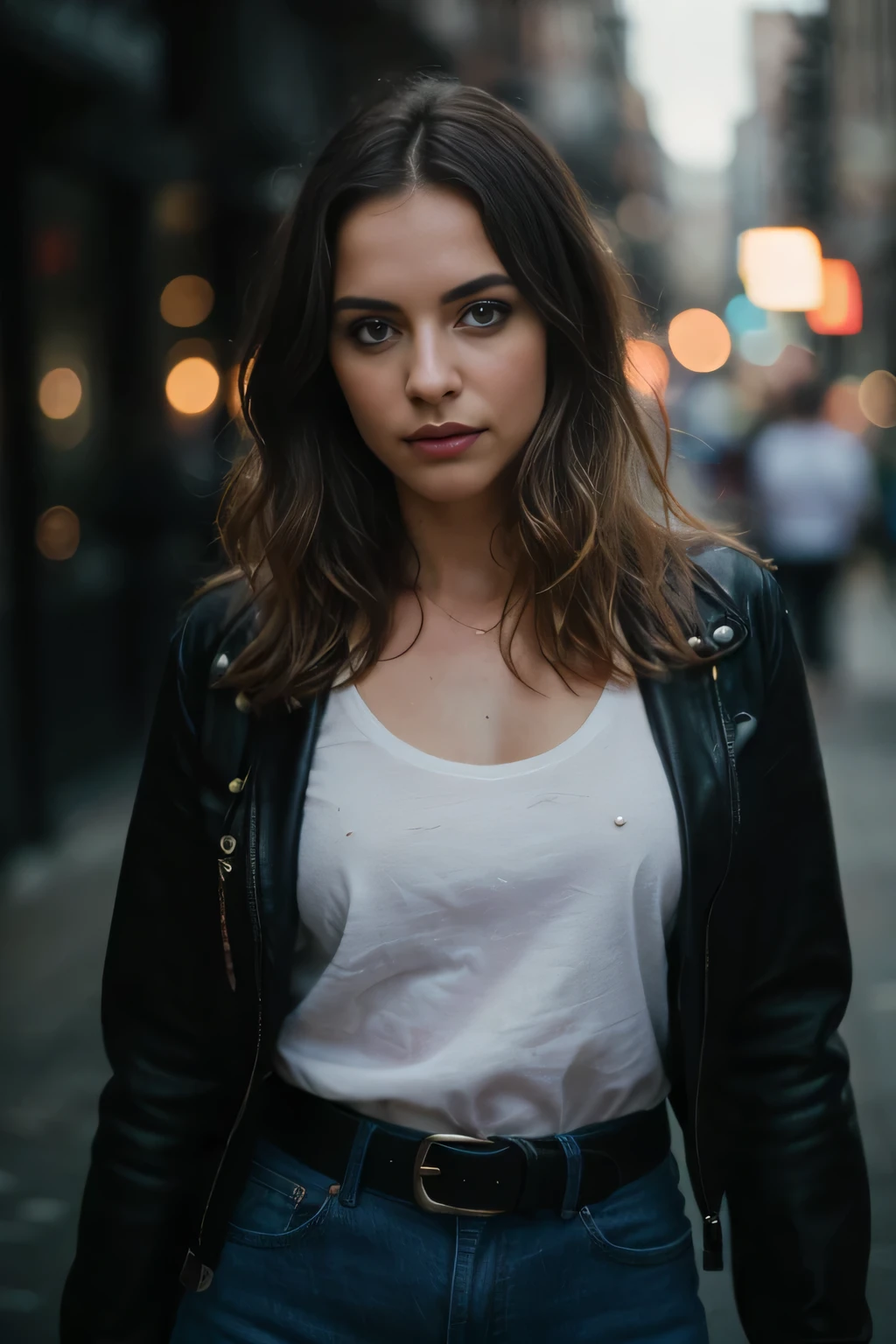 beautiful woman, straight blonde hair, wearing a leather jacket with t-shirt without print, wearing leather belt jeans , (((front view)), (in the city), violet myers, very detailed, 25 years, natural wave hair, blue eyes, high-res, masterpiece, best quality, intricate details, highly detailed, sharp focus, detailed skin, realistic skin texture, texture, detailed eyes, professional, 4k, Canon shooting, 85mm, shallow depth of field, kodak color vision, perfect fit body, extremely detailed, photo_\(ultra\), photorealistic, realistic, post-processing, maximum detail, roughness, real life, ultra realistic, photorealism, photography, 8k uhd, photography (grain of film) medium shot for closeup shot atmospheric dark lighting, distance