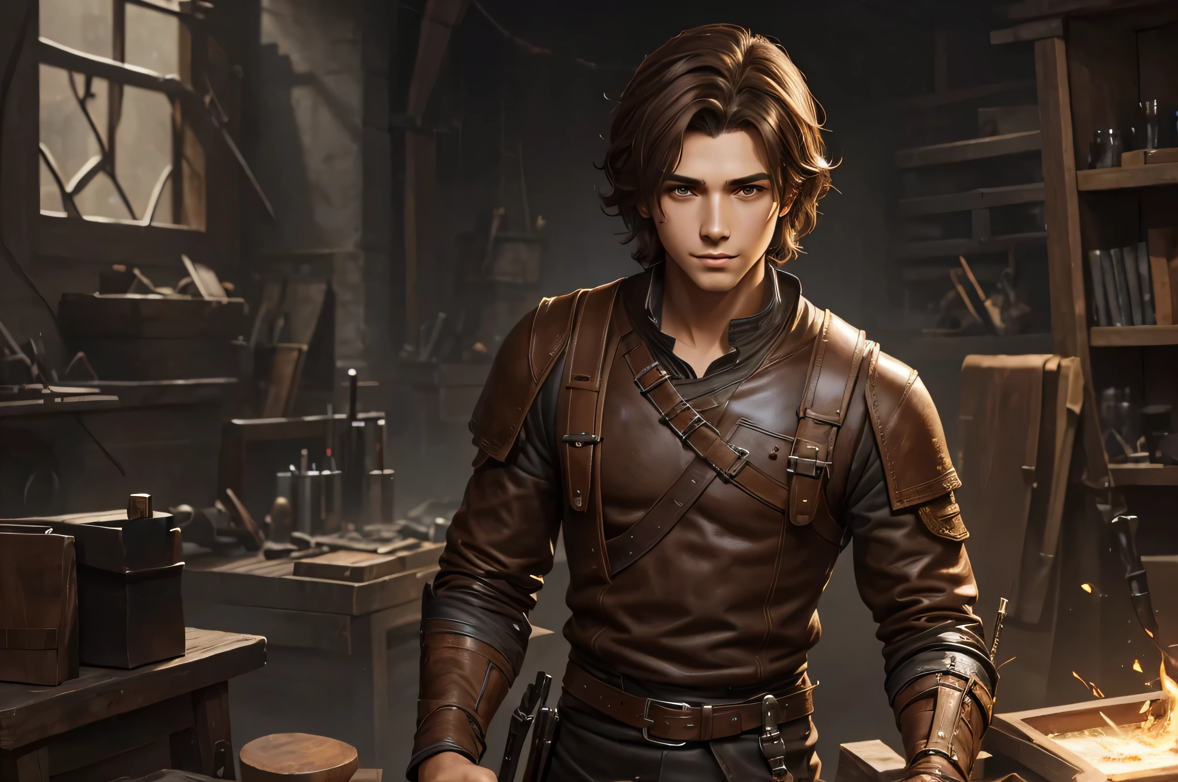 a slim young man with skilled hands and lively eyes, his brown hair is short and disheveled, while his face displays defined angular features. He generally wears simple, practical clothing suitable for work as a leather craftsman. (digital art, fantasy art, RPG art)