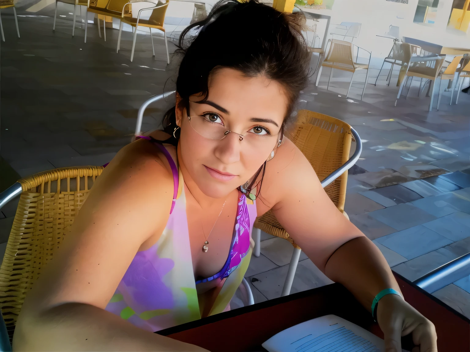woman sitting at a table with a book and a drink, sandra chevier, magalie villeneuve, profile image, by Fede Galizia, fernanda suarez, carola rubio, at the terrace, in spain, portait photo, looking towards the camera, 30-year-old woman from cuba, photo from the back, foto realista