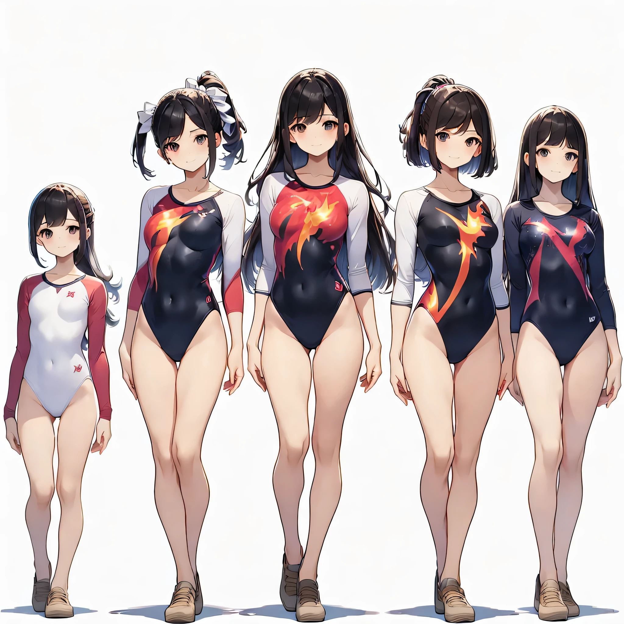 ((full body)),(masterpiece, best quality), (3 girls1.5) ,((Contrapposto:1.5)), looking at viewer, walking,((v_arms:1.2)), wearing gymnastics_longsleeves_leotard_outfit leotard:1.3),(red leotard) ,(flame print:1.3), BREAK masterpiece black hair, ((long hair:1.2)), ((parted bangs:1.3)), black eyes, good hand, ((small breasts)), (over 20 years old, under 25 years old:1.2), , spotlight, happy, smile, BREAK in the class room