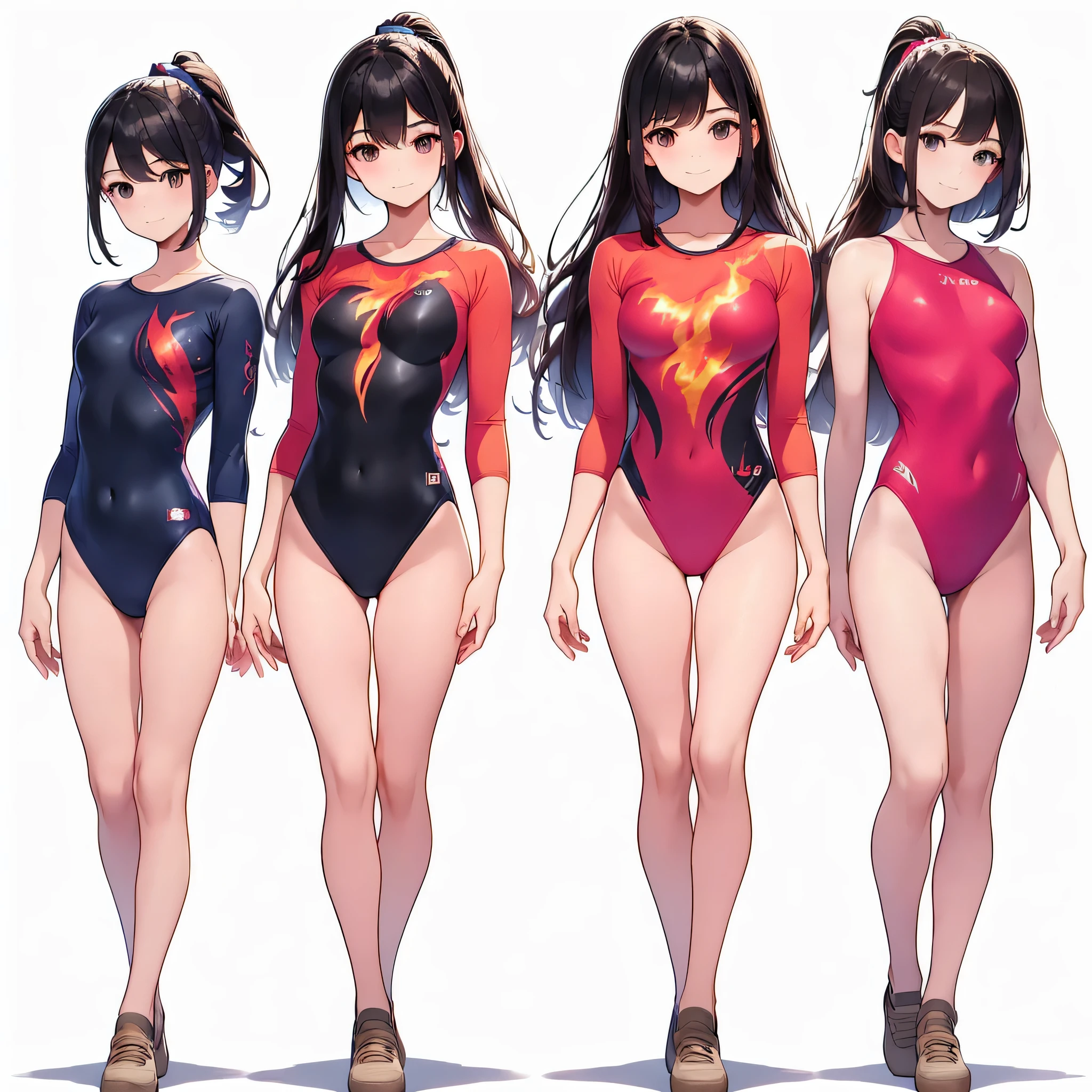 ((full body)),(masterpiece, best quality), (3 girls1.5) ,((Contrapposto:1.5)), looking at viewer, walking,((v_arms:1.2)), wearing gymnastics_longsleeves_leotard_outfit leotard:1.3),(red leotard) ,(flame print:1.3), BREAK masterpiece black hair, ((long hair:1.2)), ((parted bangs:1.3)), black eyes, good hand, ((small breasts)), (over 20 years old, under 25 years old:1.2), , spotlight, happy, smile, BREAK in the class room