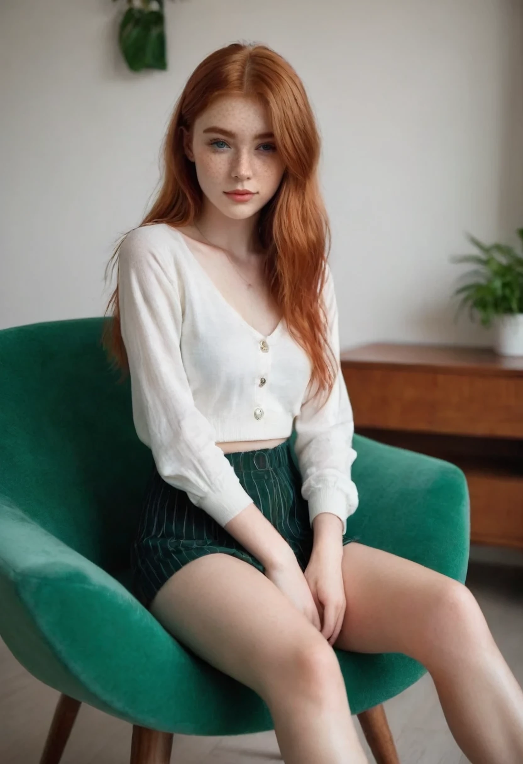 ((best quality)), ((detailed)), (masterpiece), 8k RAW PHOTO, phone photo, ((cute face, perfect face, slight smile, young 19 years old girl, skinny legs, skinny thighs,medium size breast, skinny waist:1.1)), ((red hair), (freckles:0.9), greeneyes, long straight red hair) , sit on chair