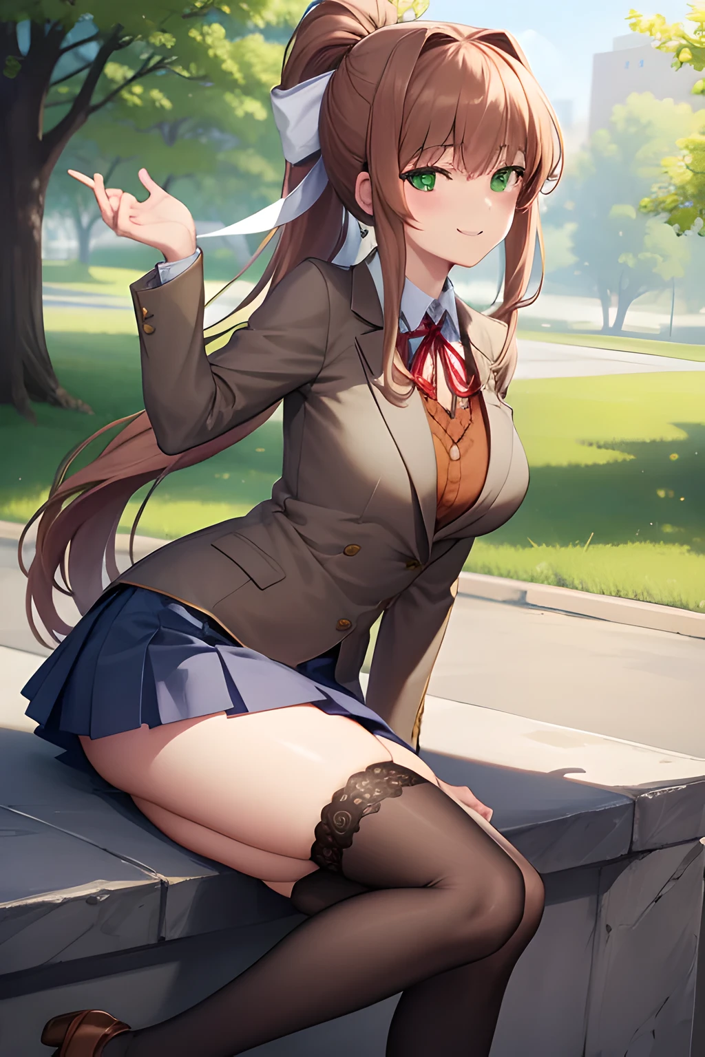 ddlcmonika, ddlcmonika, blunt bangs, brown hair, (green eyes:1.5), long hair, ponytail, ribbon, white ribbon, hair ribbon, sidelocks,
BREAK black thighhighs, blue skirt, brown jacket, jacket, long sleeves, mary janes, over-kneehighs, pleated skirt, , shoes, skirt, thighhighs, zettai ryouiki
BREAK Looking at the viewer smugly with a subtle smirk, conveying pride and mocking superiority,
BREAK in the park, summer
BREAK (masterpiece:1.2), best quality, high resolution, unity 8k wallpaper, (illustration:0.8), (beautiful detailed eyes:1.6), extremely detailed face, perfect lighting, extremely detailed CG, (perfect hands, perfect anatomy),(prideful, happy, smug expression), (mocking look),
