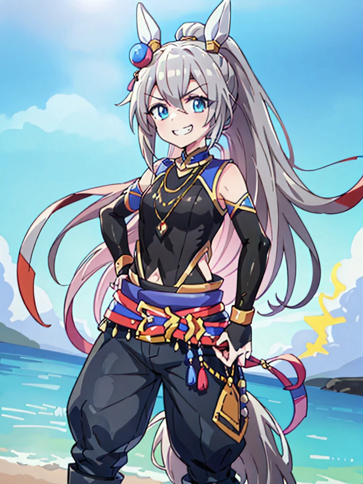 Masterpeace,best quality,cel anime,perfect hands,1girl,tamamo cross \(umamusume\),ponytail, hip vent, official alternate costume, sleeveless shirt, jewelry, black footwear, clothing cutout, black pants, black shirt, bridal gauntlets, baggy pants,grin,standing pose,seaside 