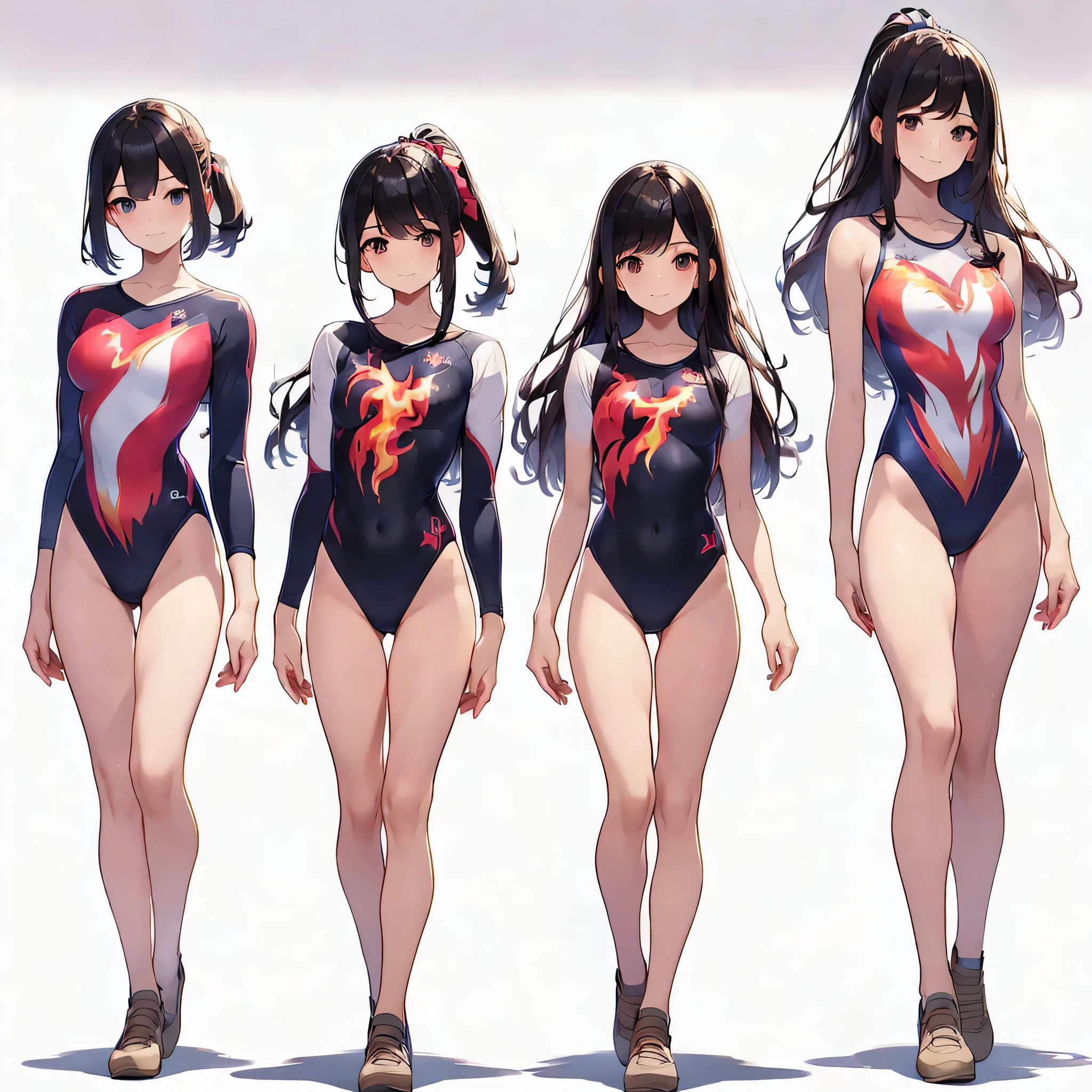 ((full body)),(masterpiece, best quality), (3 girls1.5) ,((Contrapposto:1.5)), looking at viewer, walking,((v_arms:1.2)), wearing gymnastics_longsleeves_leotard_outfit leotard:1.3),(red leotard) ,(flame print:1.3), BREAK masterpiece black hair, ((long hair:1.2)), ((parted bangs:1.3)), black eyes, good hand, ((small breasts)), (over 20 years old, under 25 years old:1.2), , spotlight, happy, smile, BREAK in the class room