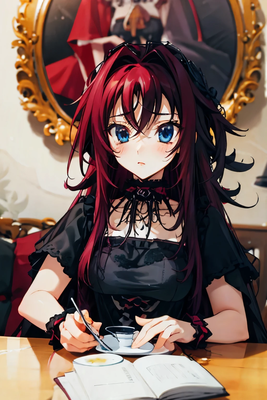 Rias Gremory como una  gotica y cabello negro, ojos cafes