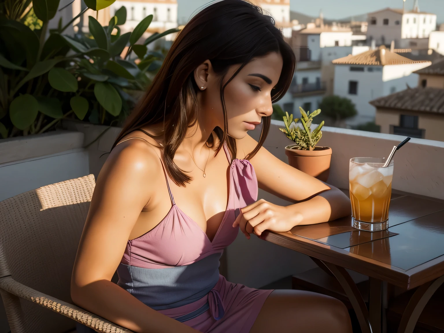 woman sitting at a table with a book and a drink, sandra chevier, magalie villeneuve, profile image, by Fede Galizia, fernanda suarez, carola rubio, at the terrace, in spain, portait photo, looking towards the camera, 30-year-old woman from cuba, photo from the back, foto realista