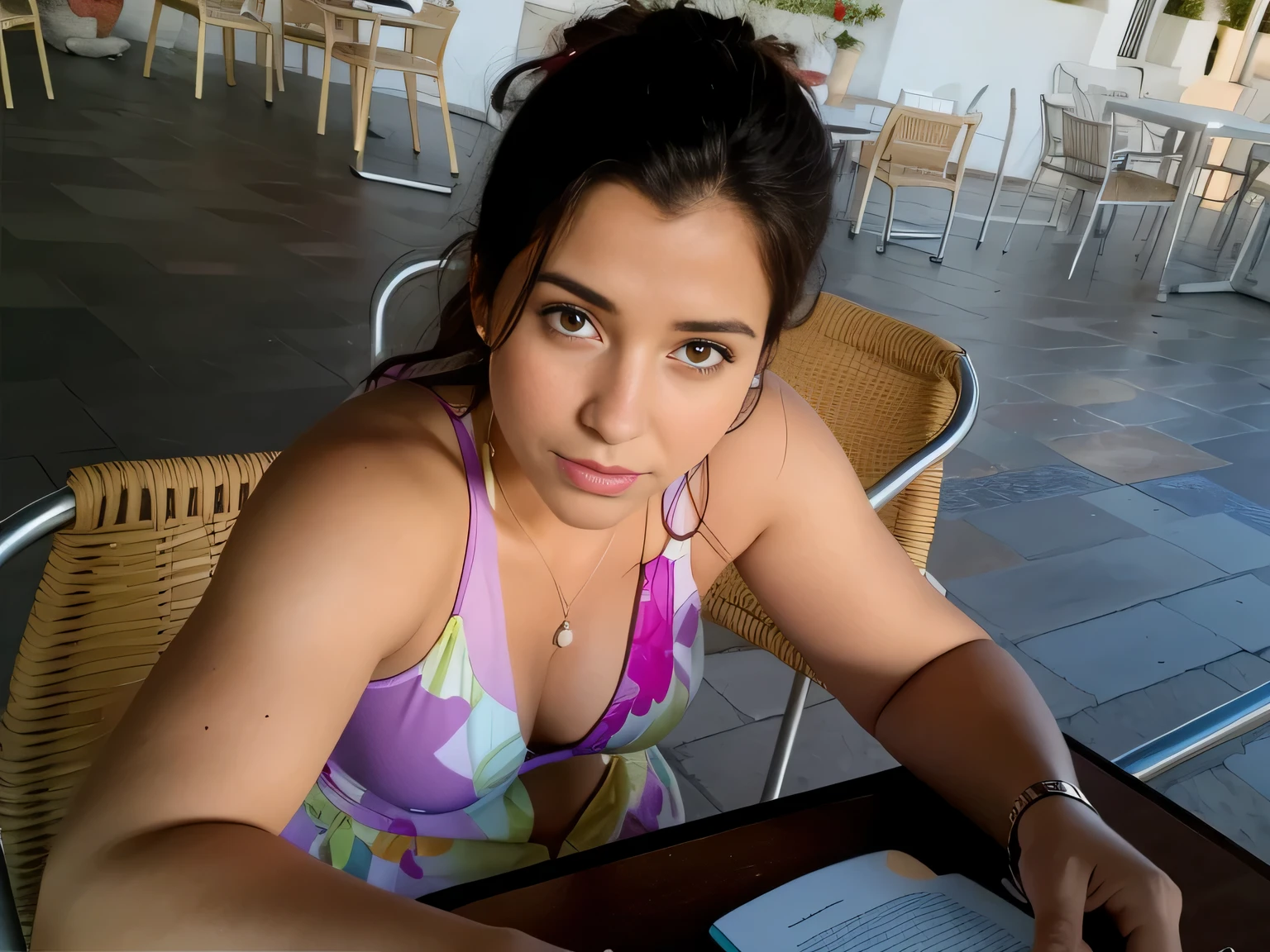woman sitting at a table with a book and a drink, sandra chevier, magalie villeneuve, profile image, by Fede Galizia, fernanda suarez, carola rubio, at the terrace, in spain, portait photo, looking towards the camera, 30-year-old woman from cuba, photo from the back, foto realista
