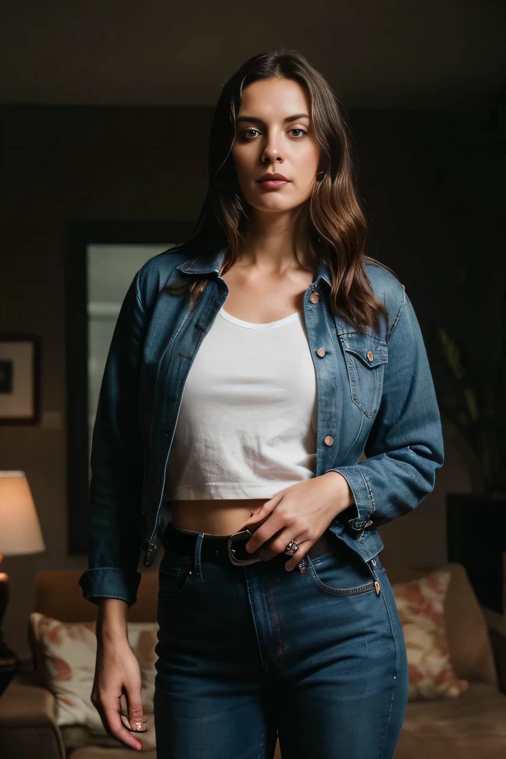 beautiful woman, straight blonde hair, wearing a jeans jacket models with t-shirt without print, wearing leather belt jeans , (((front view)), (in the living room), violet myers, very detailed, 25 years, natural wave hair, blue eyes, high-res, masterpiece, best quality, intricate details, highly detailed, sharp focus, detailed skin, realistic skin texture, texture, detailed eyes, professional, 4k, Canon shooting, 85mm, shallow depth of field, kodak color vision, perfect fit body, extremely detailed, photo_\(ultra\), photorealistic, realistic, post-processing, maximum detail, roughness, real life, ultra realistic, photorealism, photography, 8k uhd, photography (grain of film) medium shot for closeup shot atmospheric dark lighting, distance