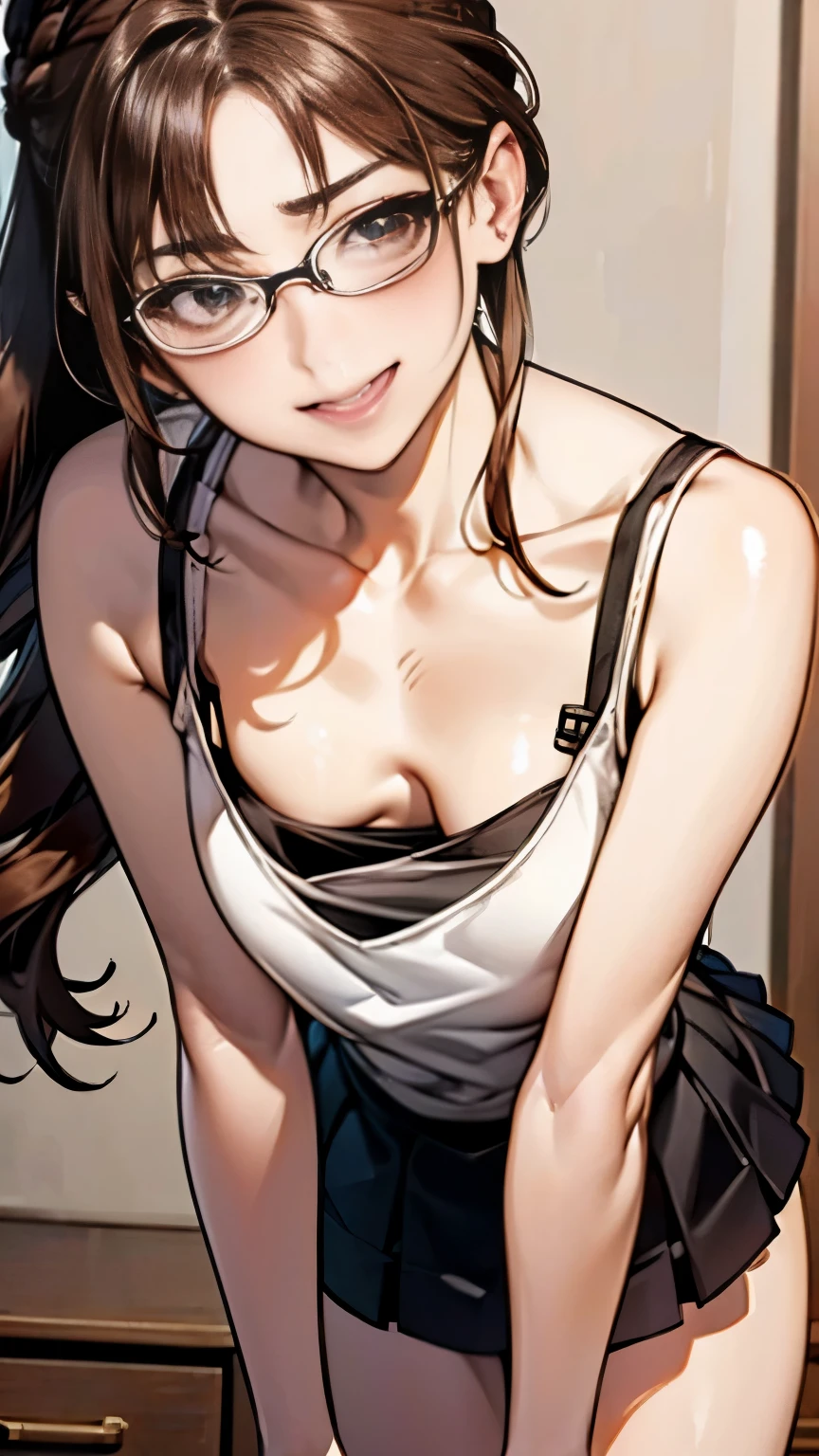 1 female,************,brown hair,beautiful low ponytail hairstyle, (miniskirt and big white tank top, (), , natural smile,,frameless eyeglasses,(((lean forward)))