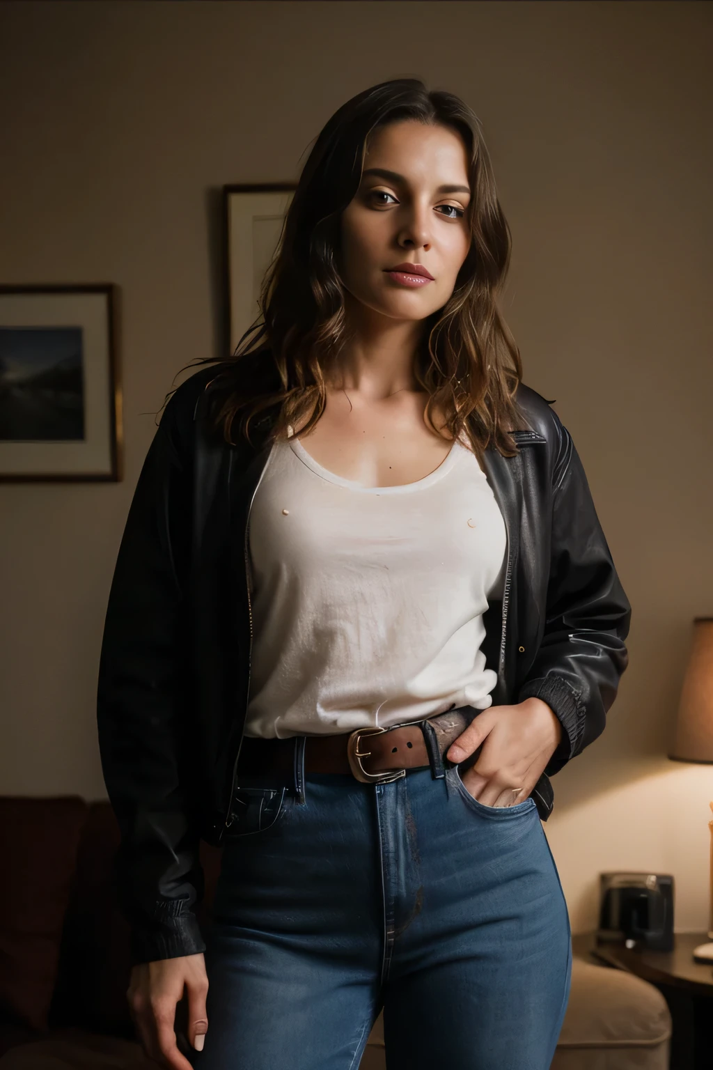 beautiful woman, straight blonde hair, wearing a jeans jacket models with t-shirt without print, wearing leather belt jeans , (((front view)), (in the living room), violet myers, very detailed, 25 years, natural wave hair, blue eyes, high-res, masterpiece, best quality, intricate details, highly detailed, sharp focus, detailed skin, realistic skin texture, texture, detailed eyes, professional, 4k, Canon shooting, 85mm, shallow depth of field, kodak color vision, perfect fit body, extremely detailed, photo_\(ultra\), photorealistic, realistic, post-processing, maximum detail, roughness, real life, ultra realistic, photorealism, photography, 8k uhd, photography (grain of film) medium shot for closeup shot atmospheric dark lighting, distance