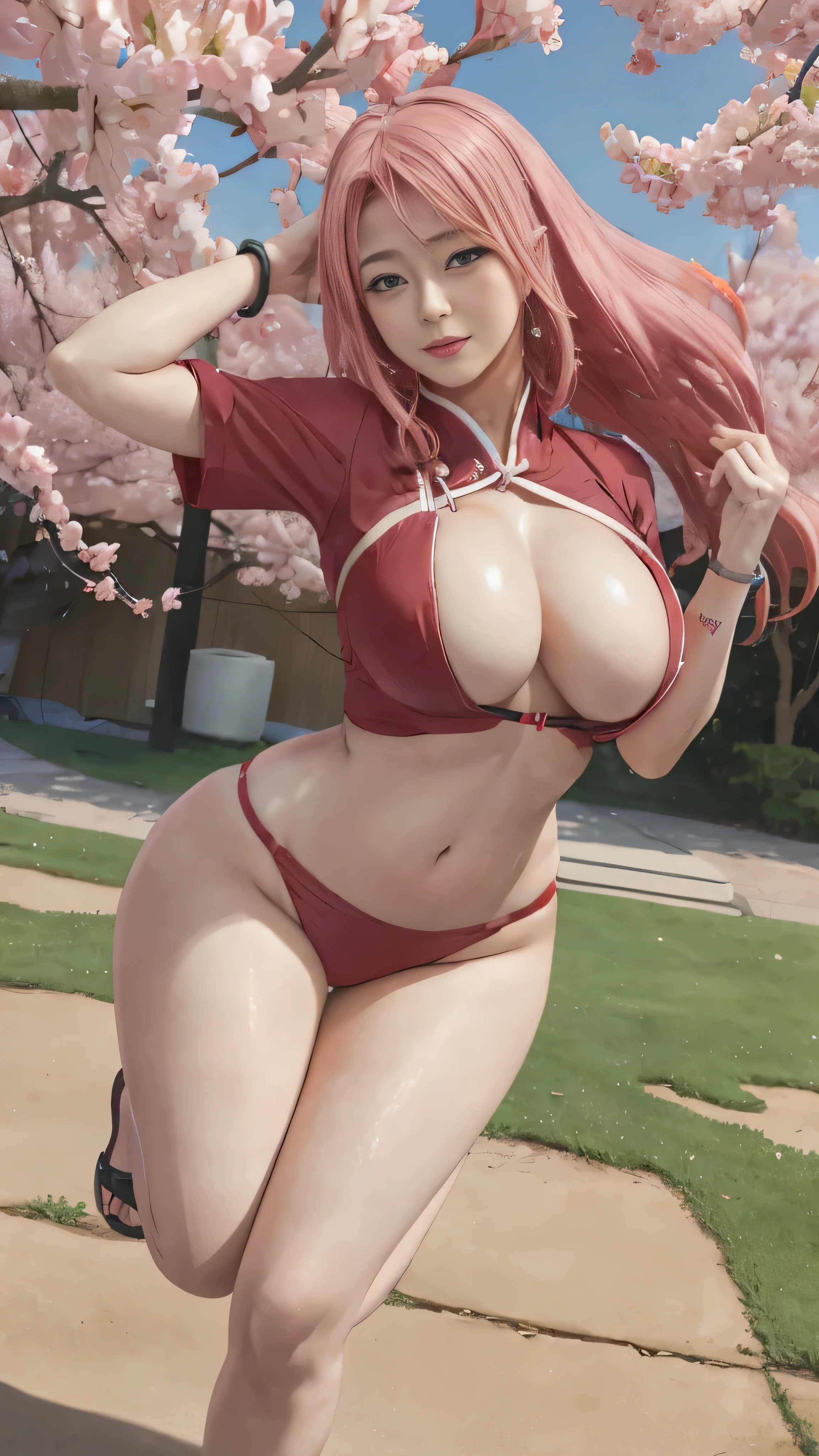 araffe figure of a woman in a red bikini posing in front of a tree, seductive anime girl, haruno sakura, sakura haruno, thicc, beautiful alluring anime woman, [ 4 k digital art ]!!, guweiz, oppai, oppai proportions, , japanese goddess, detailed pink hair