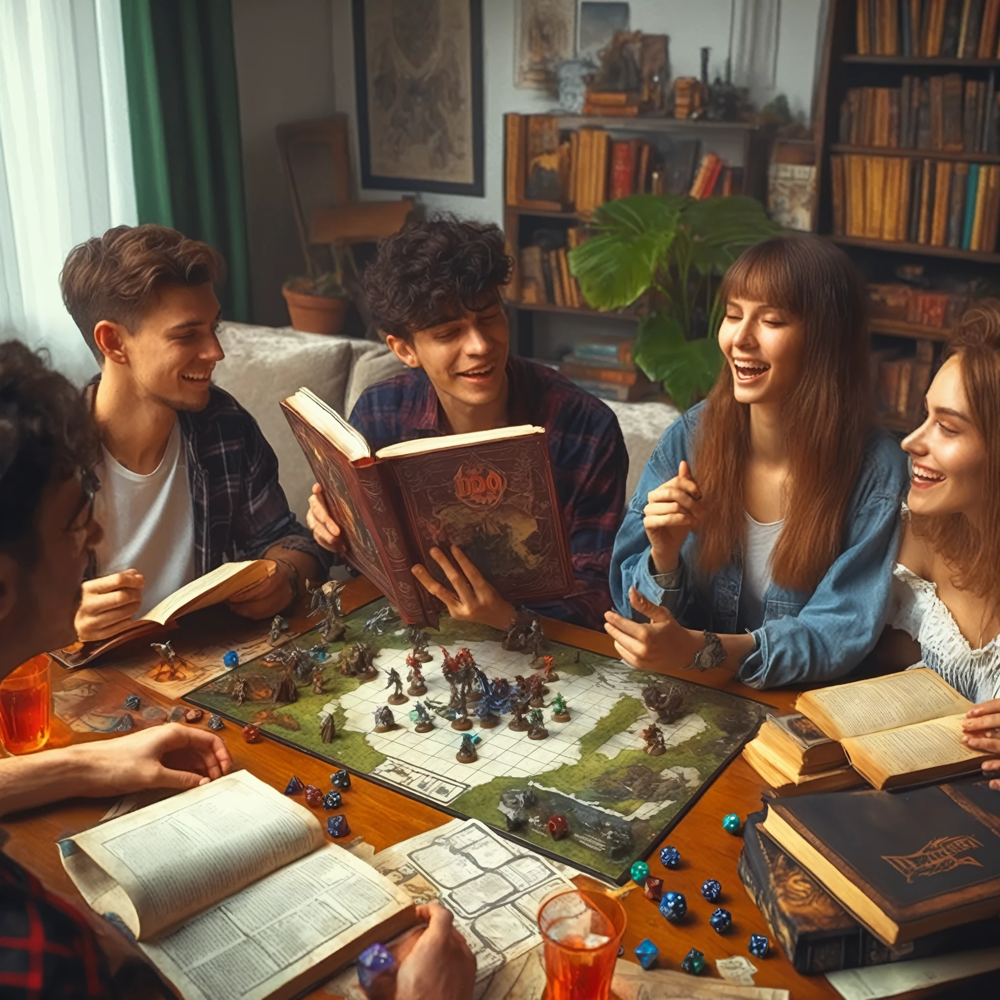 best quality, ultra high res, realistic photography, retro rpg game, several people sitting around a table playing a board game, game dungeons and dragons, (dungeons and dragons style, lawther sit at table playing dnd, tabletop rpg, roleplaying, dnd party, playing dnd, d&d), D&D books lies on table, A small map with fantasy figures, dice, character cards, 4 people sitting around, a are cross-dressed (light cosplay), one player tells the story, the others say what their characters will do, realistic photo, 4k, film grains, immersive backround of age room in 80s style, realistic skin