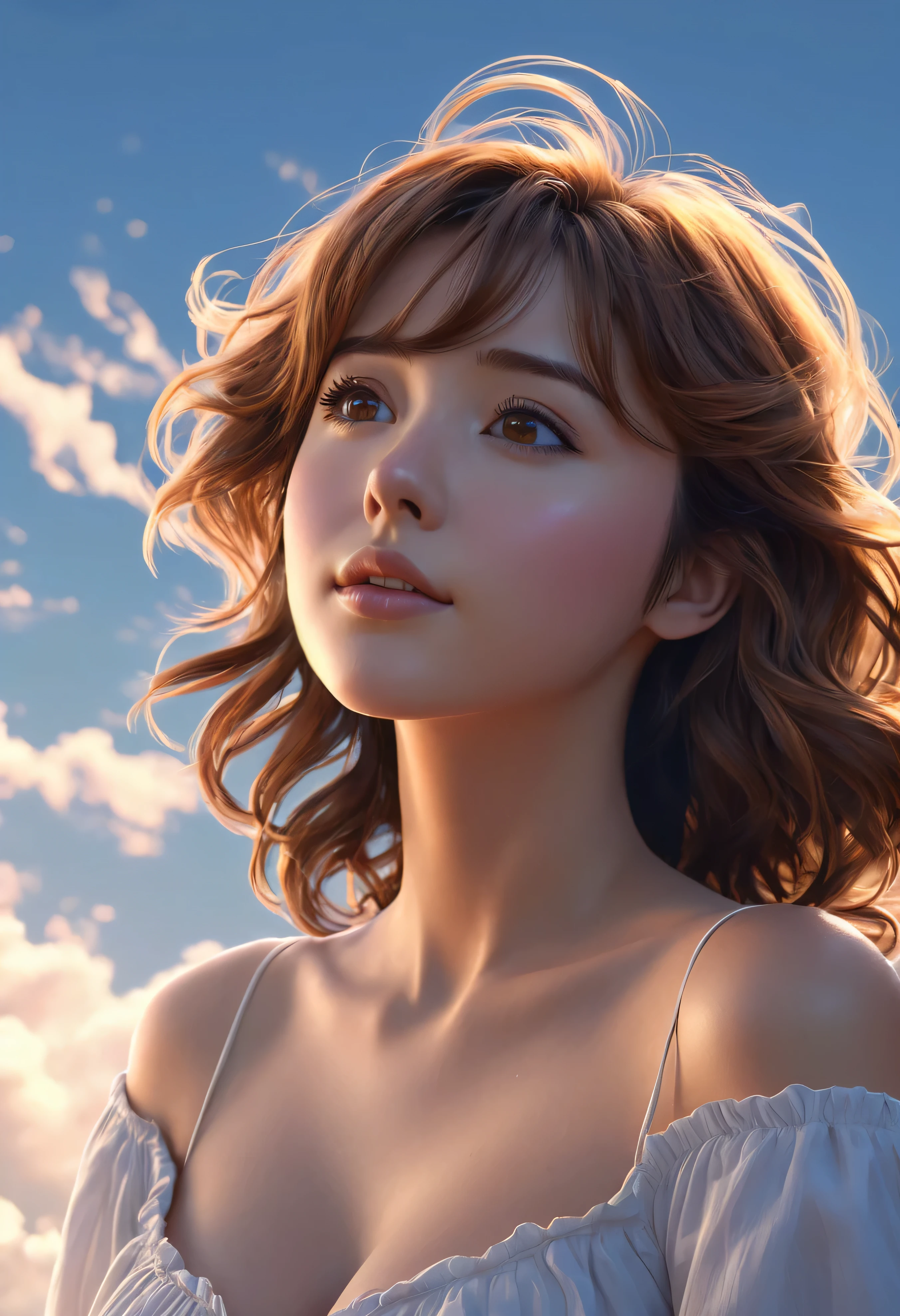 Anime style, 1womanl, brown haired, Wavy shoulder-length hair, full bodyesbian, looking away from camera, Looking up at the sky, Calm, Soft dramatic lighting, depth of fieldsvibrant detail, hyper realisitic,