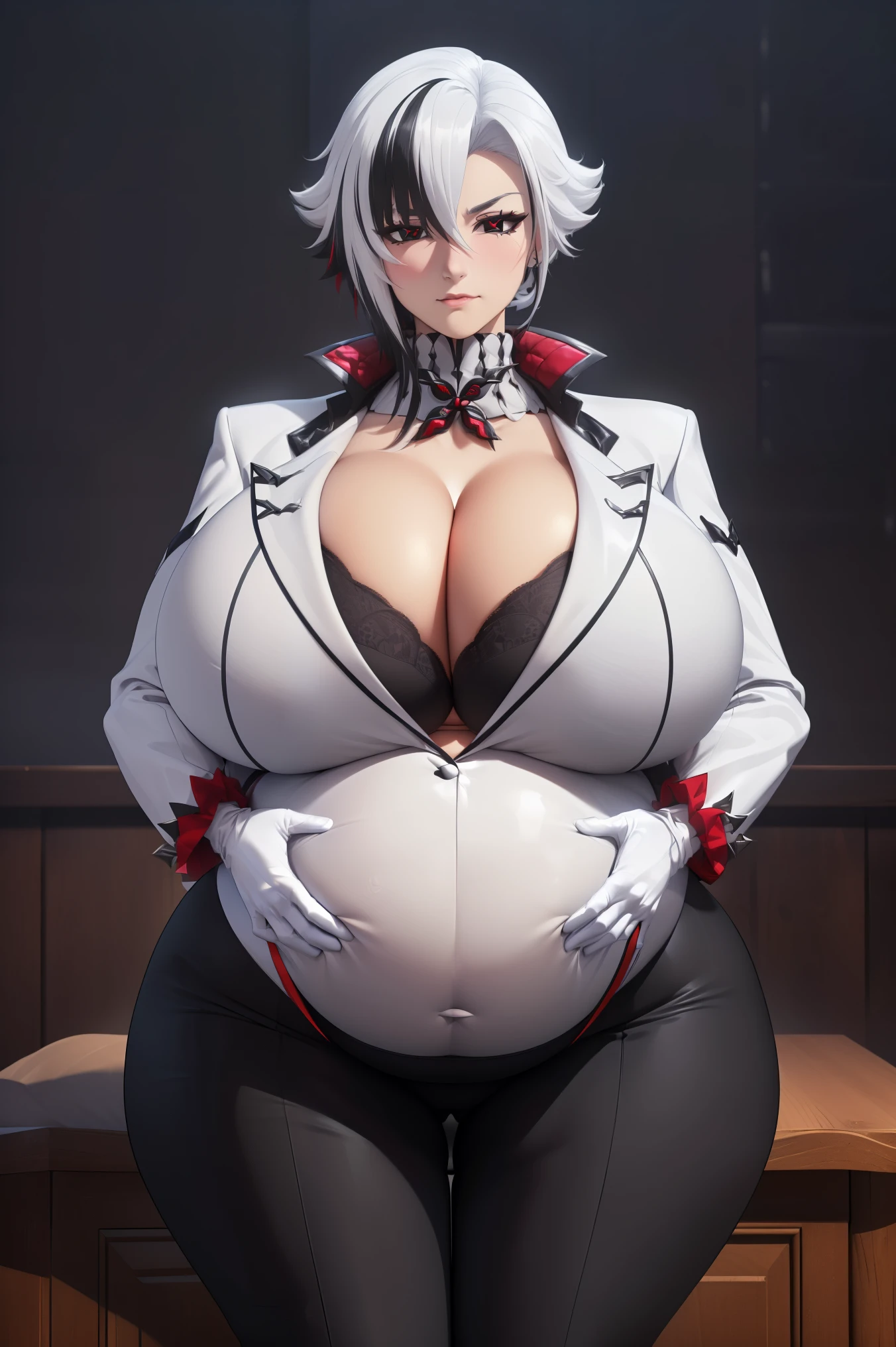 (top-quality, in 8K, 32K, masterpiece, A high resolution, Impressionism, Photorealsitic:1.2, anime style), (((((detailed faces and eyes, beautiful face, black eyes, red x-shaped pupils, cold expression))))), (((Masterpiece, 1 mature female, solo, Arlecchino, white and grey jacket with long sleeves, black trousers, high collar, formal suit, white hair with black streaks, black gloves))), Cinematic, (((( big belly, massive breast, massive ass)))) 4k, fantasy world