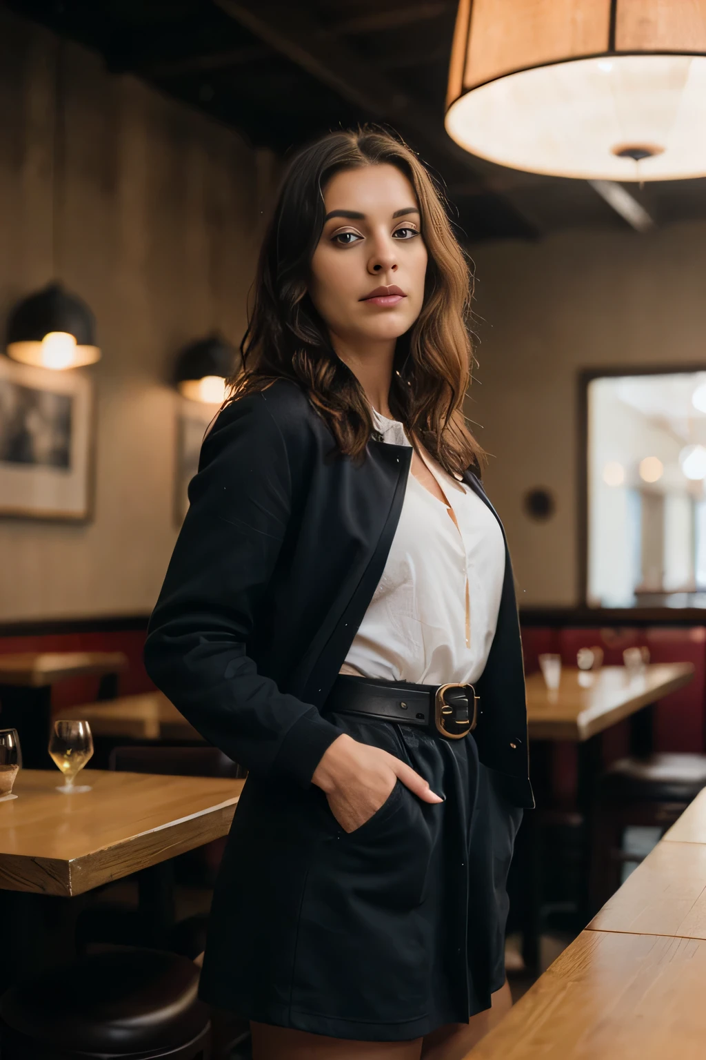 beautiful woman, straight blonde hair, wearing a wool jacket models with t-shirt without print, wearing leather belt dress , (((front view)), (in the restaurant), violet myers, very detailed, 25 years, natural wave hair, blue eyes, high-res, masterpiece, best quality, intricate details, highly detailed, sharp focus, detailed skin, realistic skin texture, texture, detailed eyes, professional, 4k, Canon shooting, 85mm, shallow depth of field, kodak color vision, perfect fit body, extremely detailed, photo_\(ultra\), photorealistic, realistic, post-processing, maximum detail, roughness, real life, ultra realistic, photorealism, photography, 8k uhd, photography (grain of film) medium shot for closeup shot atmospheric dark lighting, distance