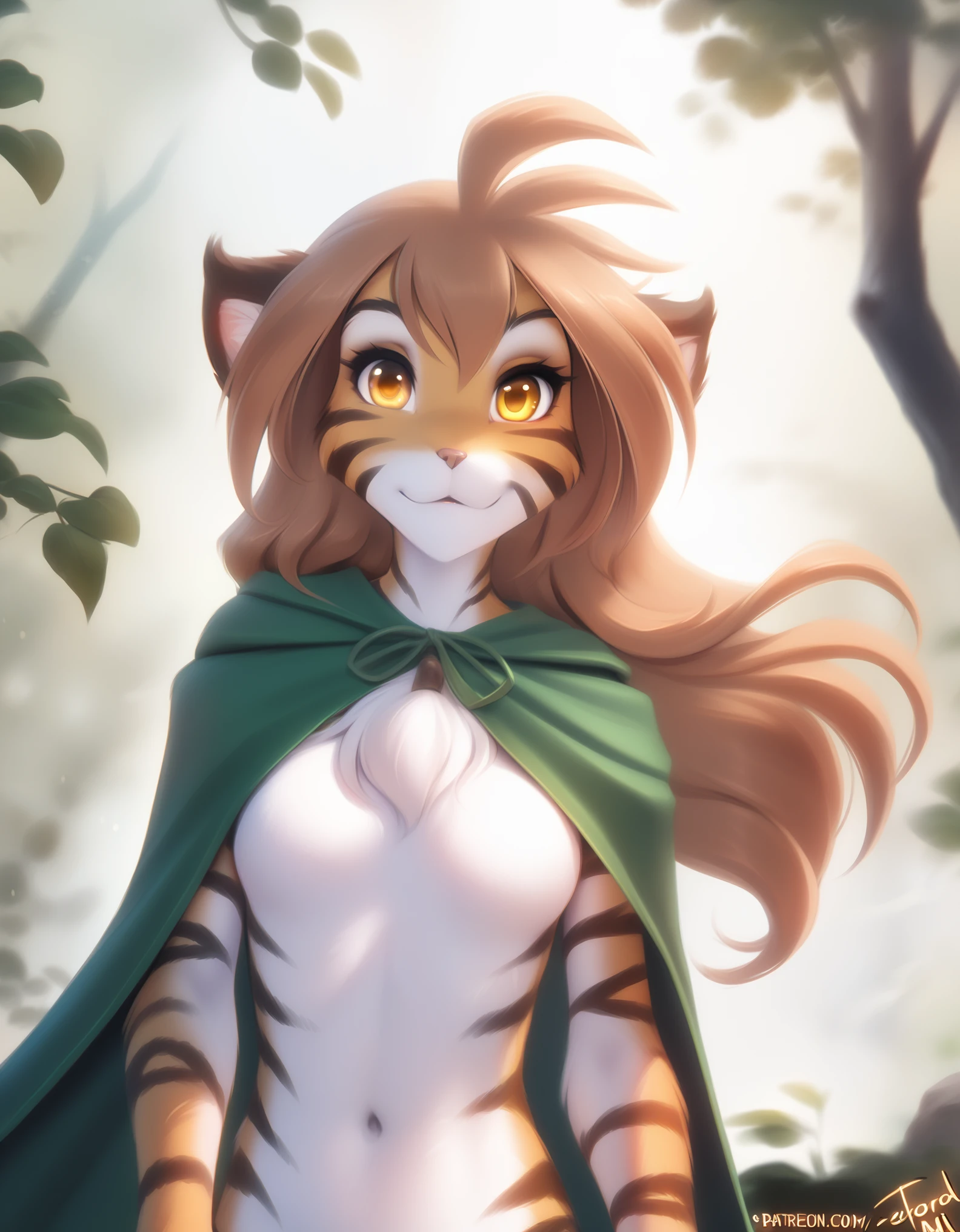 tkflora, felid, keidran, mammal, pantherine, tiger, flora_(twokinds), flora_twokinds, twokinds, personalami, rating:safe, anthro, breasts, by tom_fischbach,, (best quality, masterpiece:1), solo, furry female anthro, yellow eyes, long hair, brown hair, portrait, fingers, finger claws, looking at viewer, tiger tail, (outdoors dark forest trees blurry blurred background:1.1), antenna_hair,  green cape