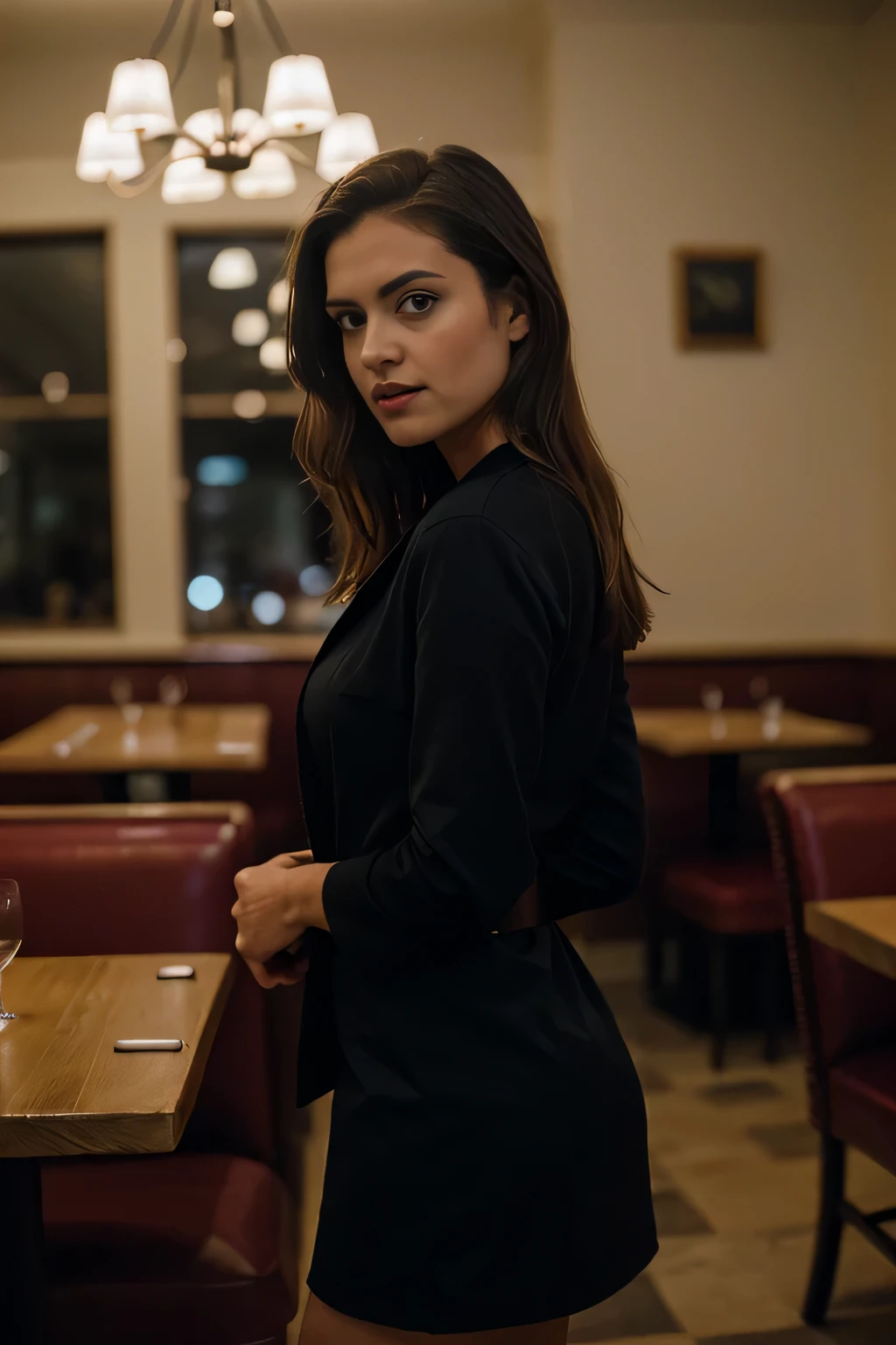 beautiful woman, straight blonde hair, wearing a wool jacket models with t-shirt without print, wearing leather belt dress , (((front view)), (in the restaurant), violet myers, very detailed, 25 years, natural wave hair, blue eyes, high-res, masterpiece, best quality, intricate details, highly detailed, sharp focus, detailed skin, realistic skin texture, texture, detailed eyes, professional, 4k, Canon shooting, 85mm, shallow depth of field, kodak color vision, perfect fit body, extremely detailed, photo_\(ultra\), photorealistic, realistic, post-processing, maximum detail, roughness, real life, ultra realistic, photorealism, photography, 8k uhd, photography (grain of film) medium shot for closeup shot atmospheric dark lighting, distance