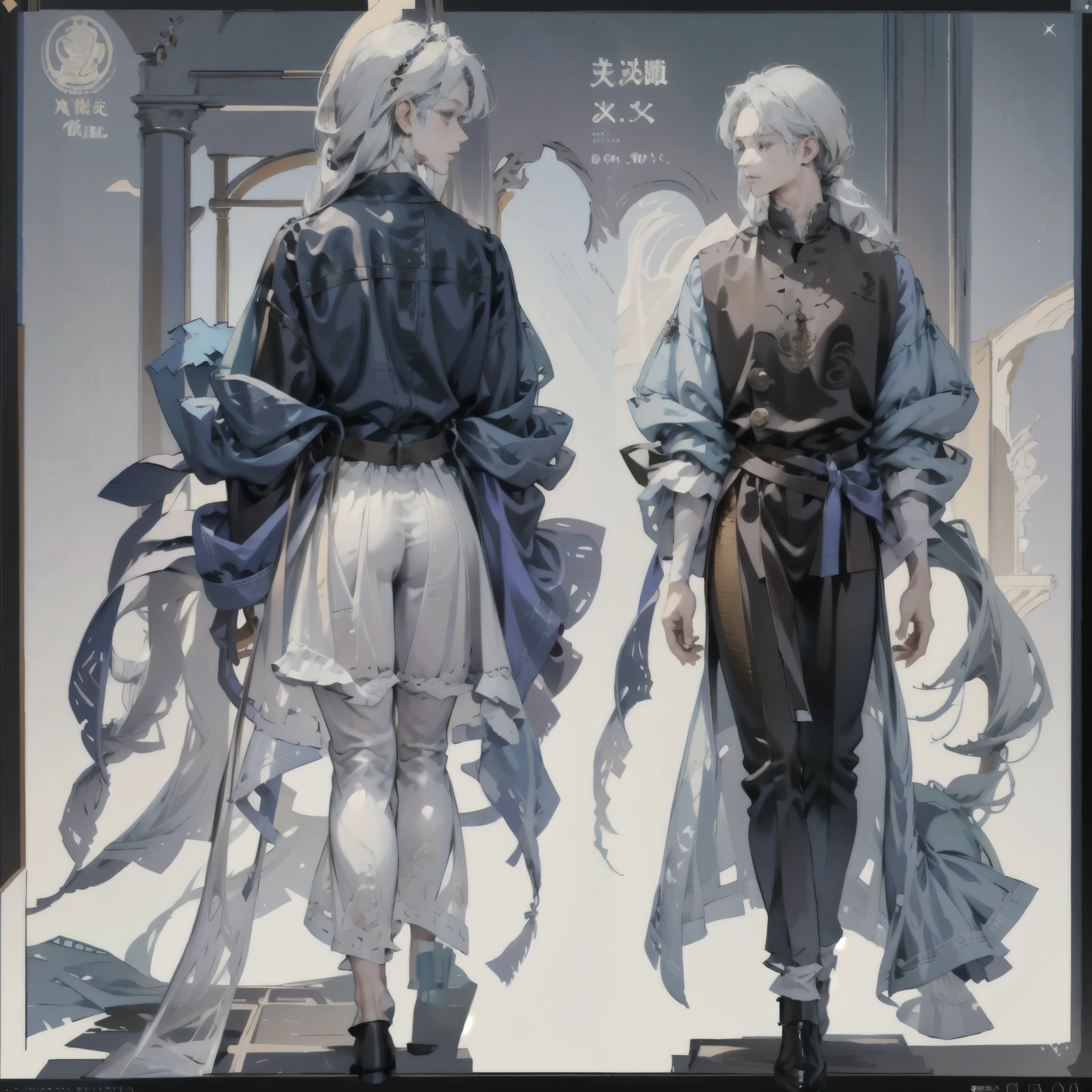 ((Best quality)), ((masterpiece)), (detailed), ((light skinned male 30's)), light skin, white skin, ((male)), gray with blue eyes, white hair, long hair, straight hair, anime style, 4k image, full body, (white background), normal background, character sheet, full body from the front, full-length from the back, Handsome man. angular face, tall, slender body. Character design sheet, All detailed parts, front view, back view, aristocratic clothes, fantasy clothes, perfume, detailed face, whole character design sheet, Full of details, front view, back view, very detailed, depth, face expression turned out, guy, male gender,