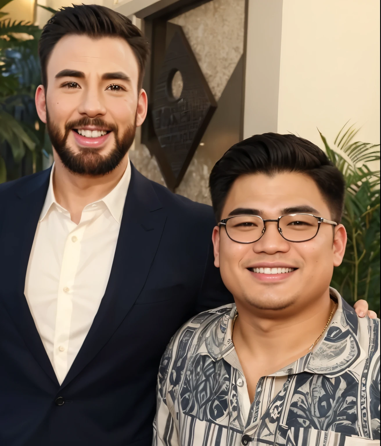 (Best quality, 8k, 32k, Masterpiece, UHD:1.2) "Generate an image featuring a chubby Filipino man with short black hair and eyeglasses, standing next to a celebrity ((Chris Evans)). Both individuals are posing together and smiling as if taking a selfie.
Ensure that the chubby Filipino man's appearance is depicted accurately, with attention to his facial features and physique. Emphasize his friendly and jovial demeanor through his expression and body language.
The celebrity should be recognizable and exude a sense of warmth and approachability. Depict them in stylish attire suitable for a casual gathering or event.
Create a backdrop that complements the setting, such as a trendy urban environment or a bustling public space. Incorporate elements that enhance the scene's jovial atmosphere, such as colorful decorations or festive lighting.
Capture the interaction between the two individuals authentically, conveying a sense of camaraderie and shared enjoyment." ((male Filipino guy)),