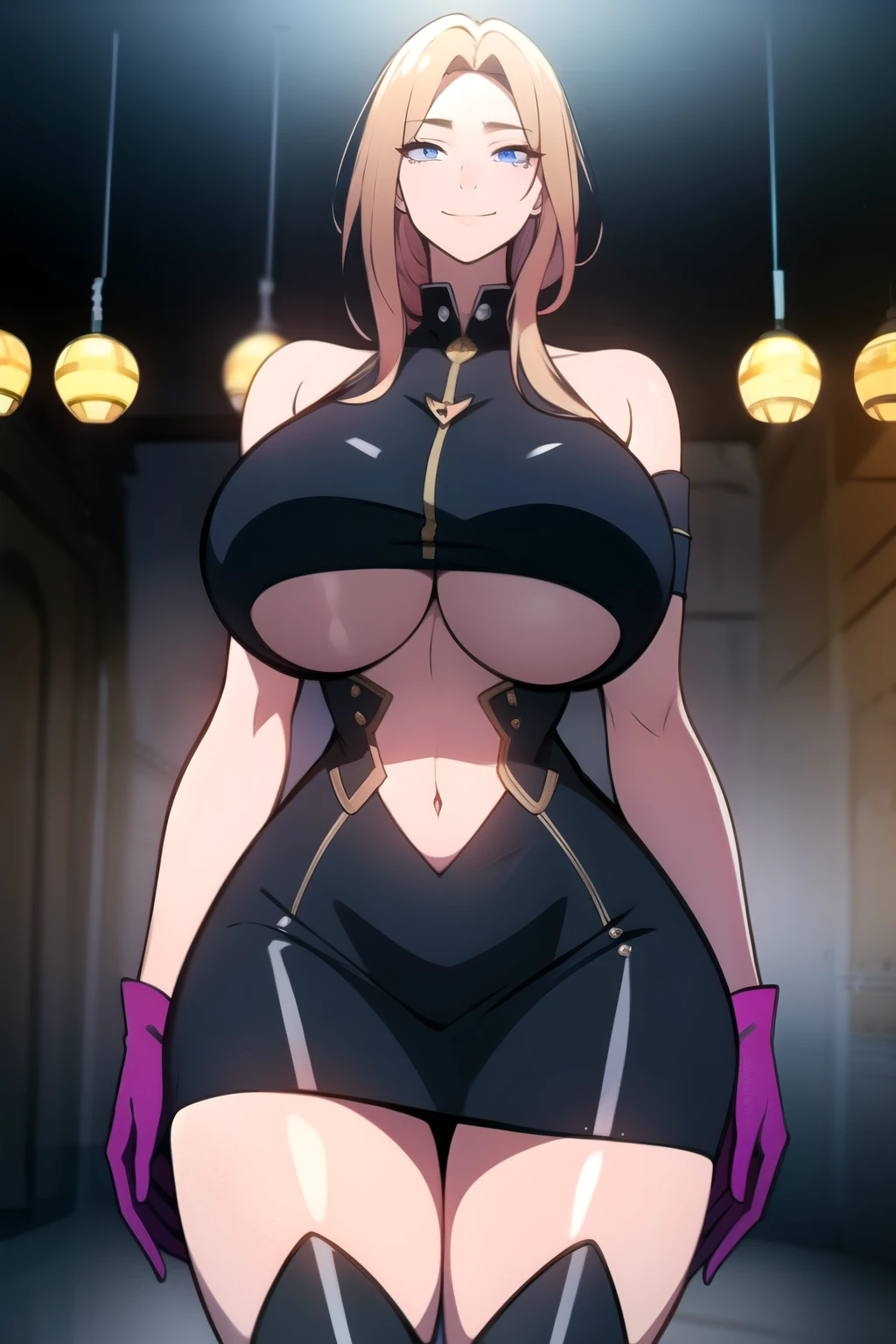 masterpiece, best quality, absurdres, 8k, perfect shadows,perfect lighting,hdr, cowboy shot,shiny skin,skindentation, beautiful body, kafka, ((strawberry blond hair: 1.4)), long hair, (blue eyes: 1.1),  (crop top, underboob, elbow gloves, thigh boots, split skirt,  shoulders, curvy, midriff, curvy, thighs, higheels, shiny clothes), complex detailed background, inside, luxury palace) (gigantic breasts,hourglass body, thin waist,very slim waist)extremely detailed face,detailed eye makeup, detail face, nice detailed eyes,nice hands, perfect hands (realistic pupils,realistic iris:1) heavy eye makeup,glowing eyes, Bright eyes,standing,standing at attention,(seductive smile), , curvy, cowboy shot