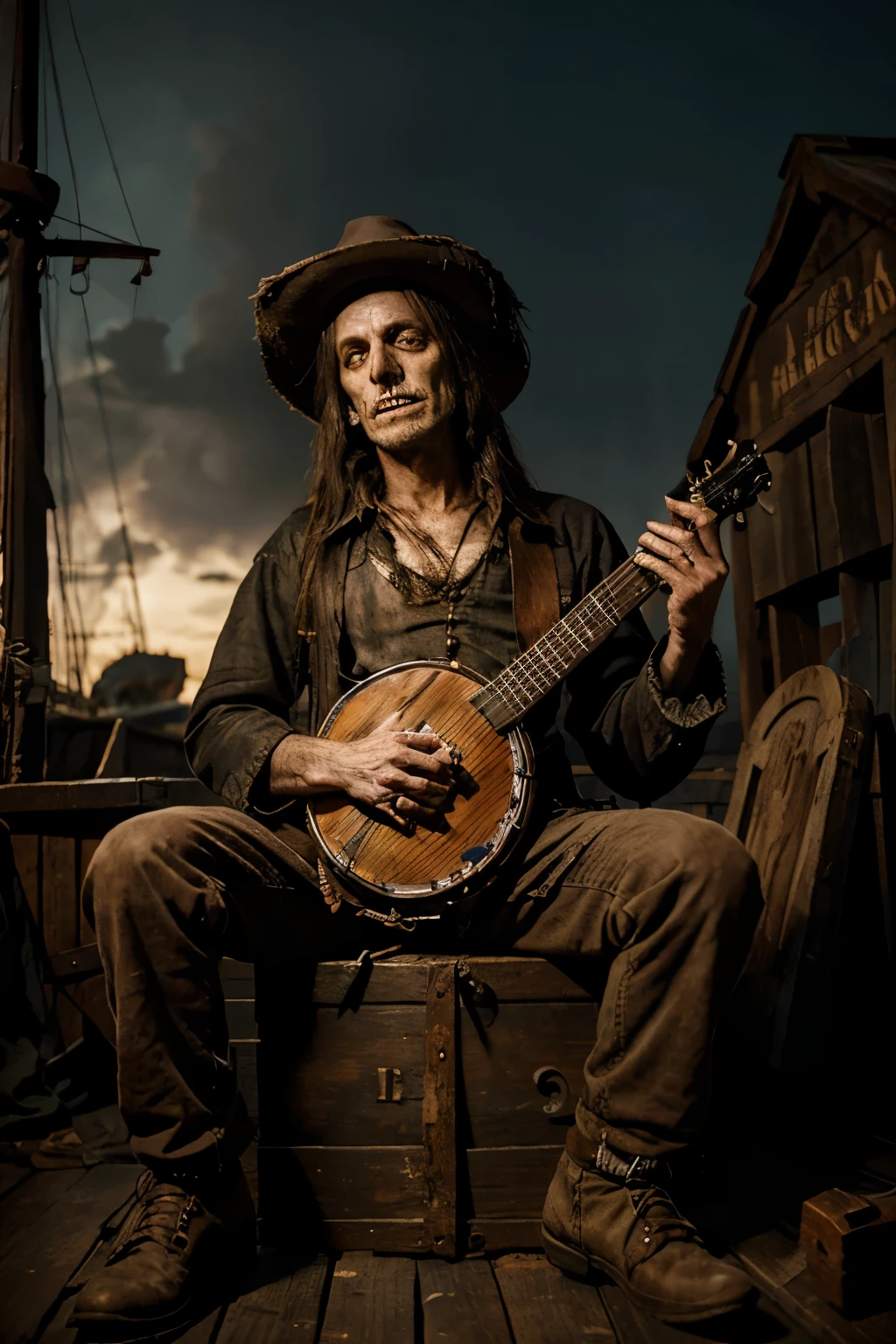 digital artstyle, undead bard playing the banjo, undead bard sitting on a crate, hillbilly undead, wooden ship background
