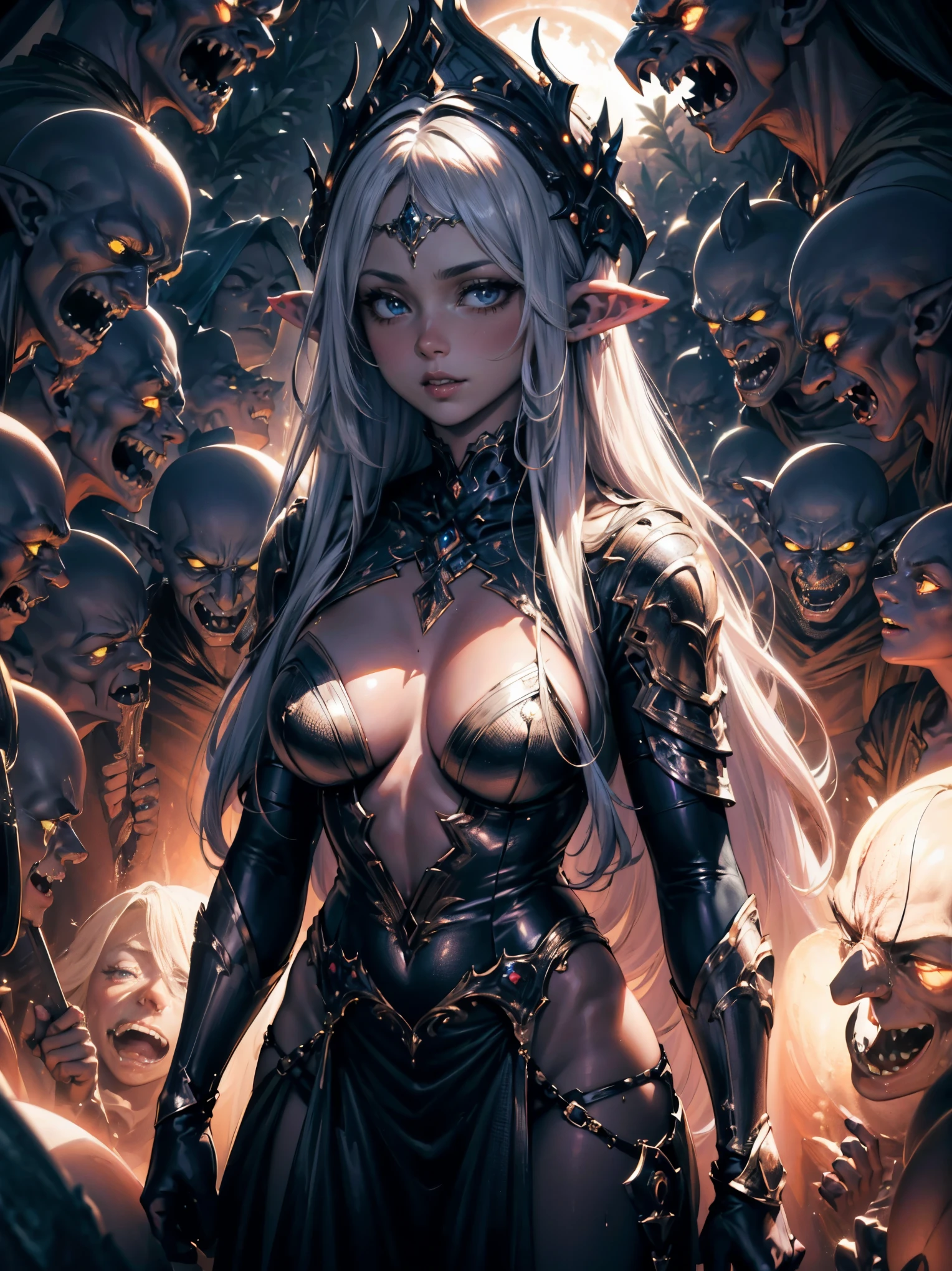 (best quality,highres,ultra-detailed,realistic:1.2)1 adult elven woman surrounded and attacked by a group of goblins, lustful monsters, dark forest, surreal atmosphere, intense emotion, vibrant colors, dramatic lighting, powerful and epic composition,((ropa rasgada))