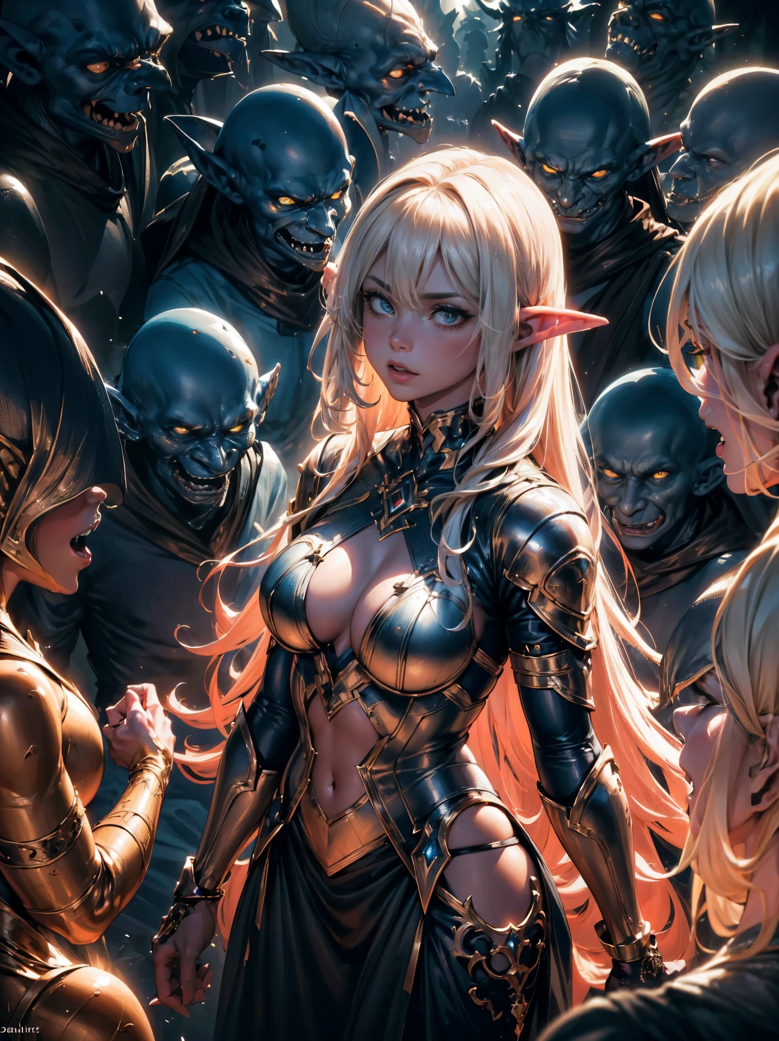 (best quality,highres,ultra-detailed,realistic:1.2)1 adult elven woman surrounded and attacked by a group of goblins, lustful monsters, dark forest, surreal atmosphere, intense emotion, vibrant colors, dramatic lighting, powerful and epic composition,((ropa rasgada))