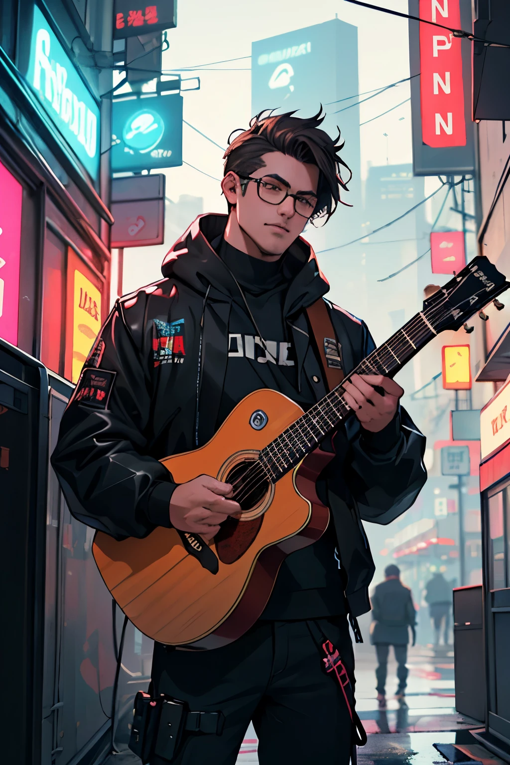 Foto estilo Cyberpunk futurista. una persona de apariencia masculina robusta de lentes, with an acoustic guitar. with a sign behind it, de la marca Cris Nava.