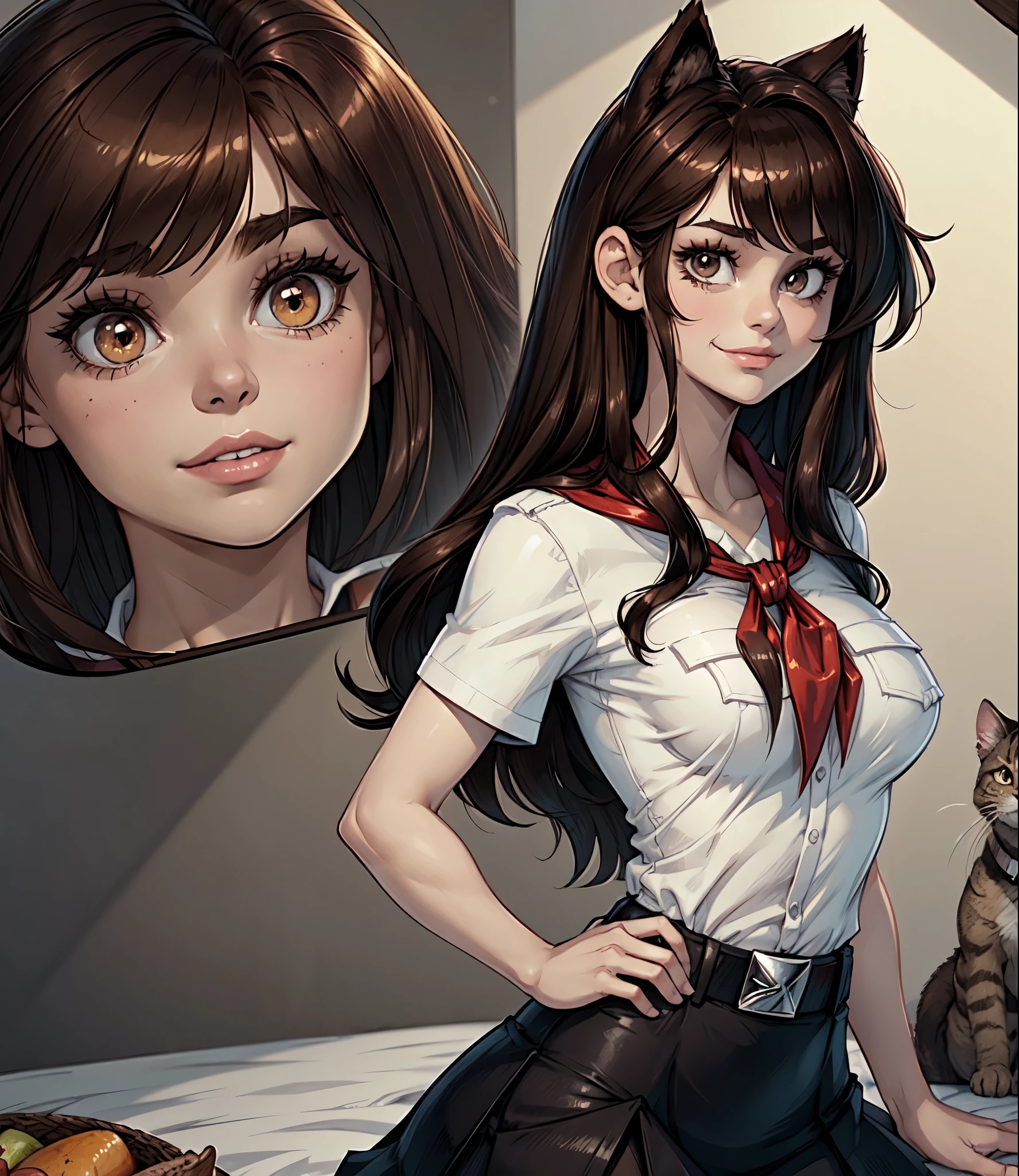 (young girl:1.4), very young slim fit girl, at full height, rounded face, snub nose, (very long disheveled dark brown hair:1.4), big brown eyes, shy smile, (perfect flat breast:1.3), band on head with fake cat ears, parororo, pioneer neckerchief, blue thight microskirt, bangs, shirt, collarbone, white shirt, short sleeves, collared shirt, belt, neckerchief, eyelashes, red neckerchief, breast pocket, narrow shoulders and hips, slim waist