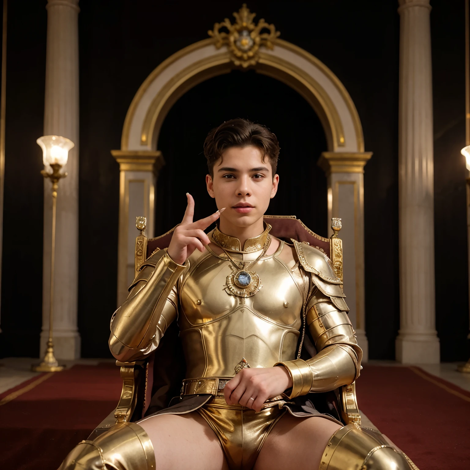 Um menino de anos bonito forte e com cabelo liso, brown but it is burnt from the sun and he is lighting up on a throne all made of gold and diamonds in a very big palace full of the king's court and and guards and the boy is lighting up on the throne dressed in armor made of gold, diamante e ferro