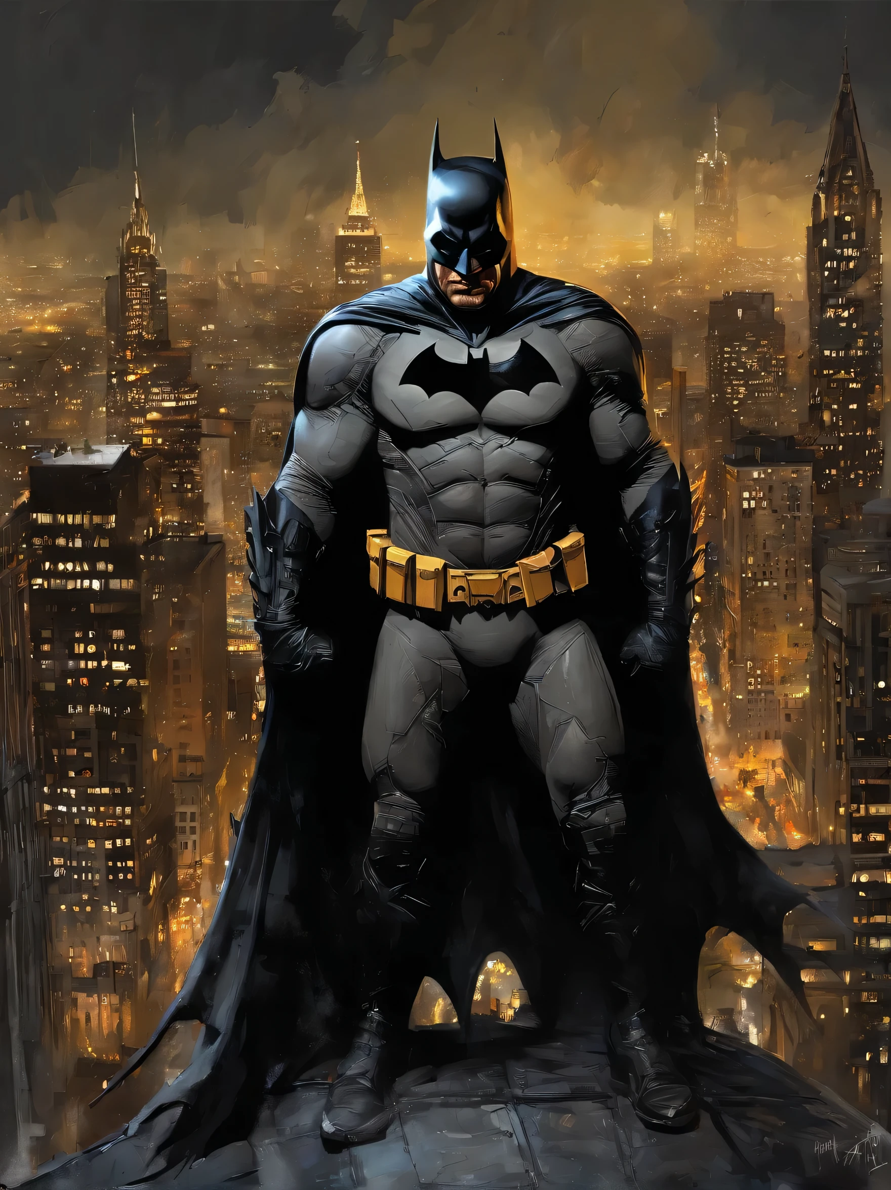 batman de pie , retrato de batman, Estilo de pintura de James Gurney, retrato de batman, Prescription, Por Craig Mullins, Lighting detected by Craig Mullins, por Brian Thomas, por James Ryman, inspirado en Jim Lee, por James Gurney, por Dave Dorman, Retrato Batman Antigua Biblia, por Chris Moore, por Robert Peak, (sin firma),(La imagen es un primer plano de Batman de pie en la azotea, with the Bat-Signal in the background illuminating the Gotham City skyline.:1.2)