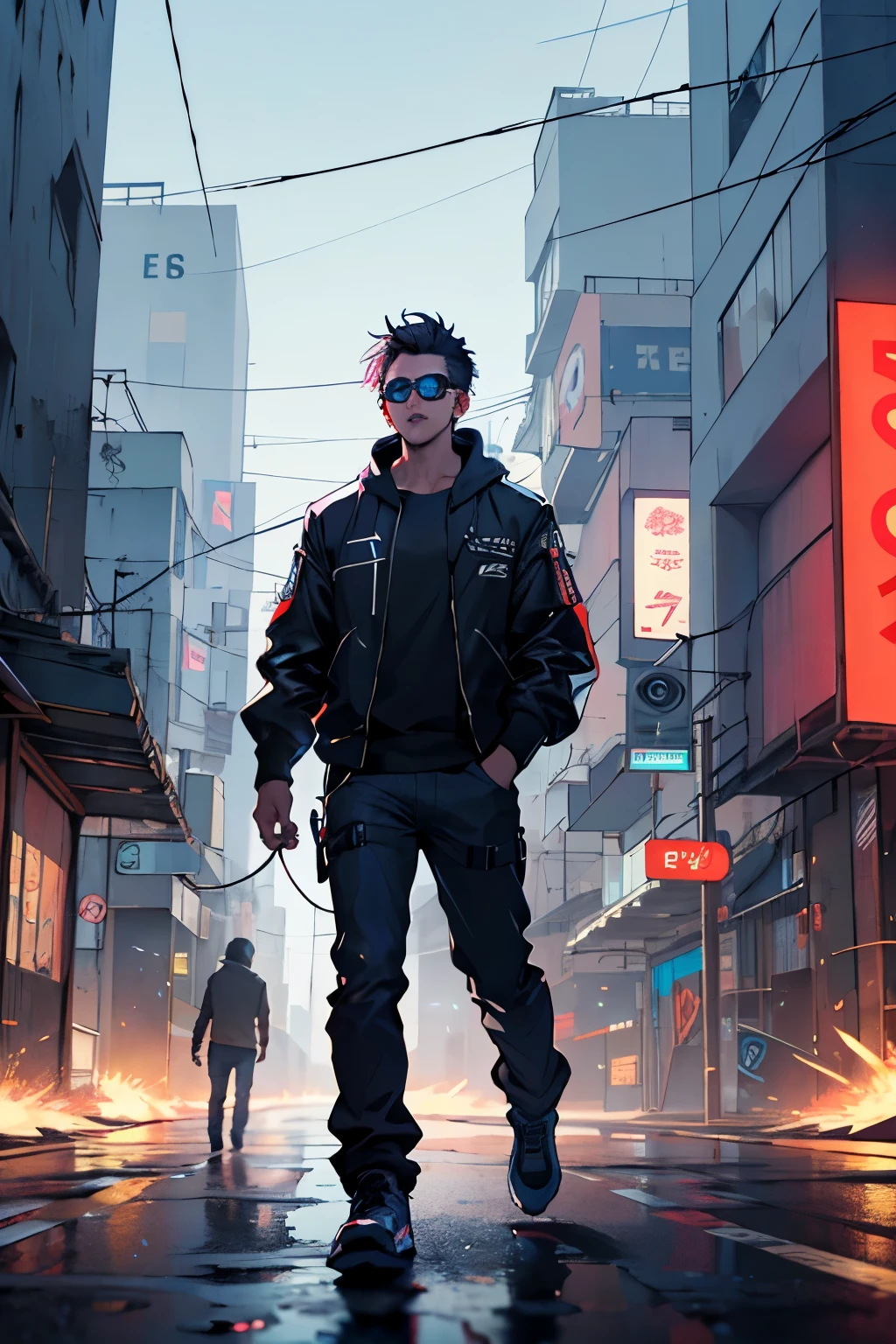 Foto estilo Cyberpunk futurista. una persona de apariencia masculina robusta de lentes, de nacionalidad colombiana, with an acoustic guitar.
Many signs-billboards behind him saying his name CRIS NAVA