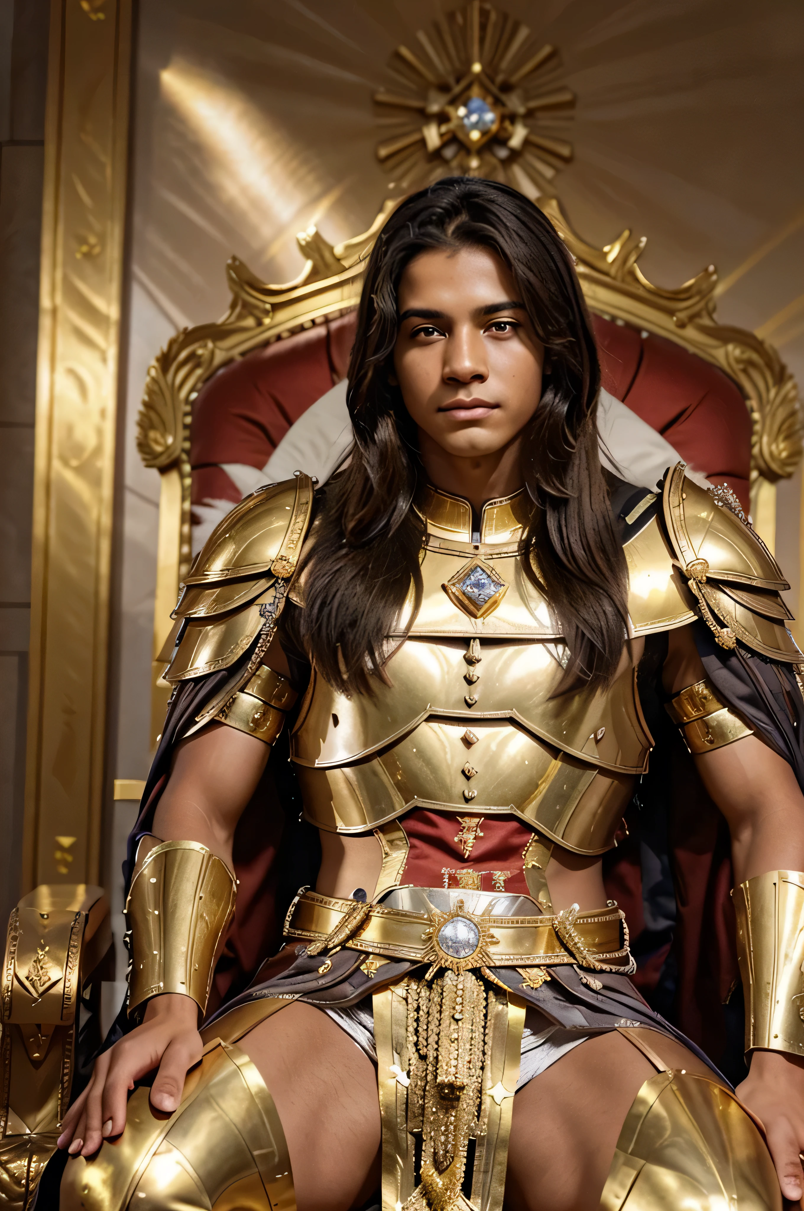 A strong handsome 16 year old boy with medium straight hair, skin color is brown but it is burnt from the sun and he is lighting up on a throne all made of gold and diamonds in a very big palace full of the king's court and and guards and the boy is lighting up on the throne dressed in armor made of gold, diamante e ferro