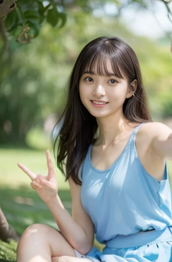 best quality, detailed, beautiful, insanely detailed, absurdres,perfect anatomy,
Japanese woman,black hair,27 years old,
(slender),
(small breasts),nsfw,
laughing, waving at the camera, legs spread, looking at viewer, wavy hair, (light blue tank top, pink skirt), (white underwear:1.0),showing off pantie,cameltoe, (Scene of sitting on a tree branch and waving:1.3)extreme long shot, (ground-level shot)