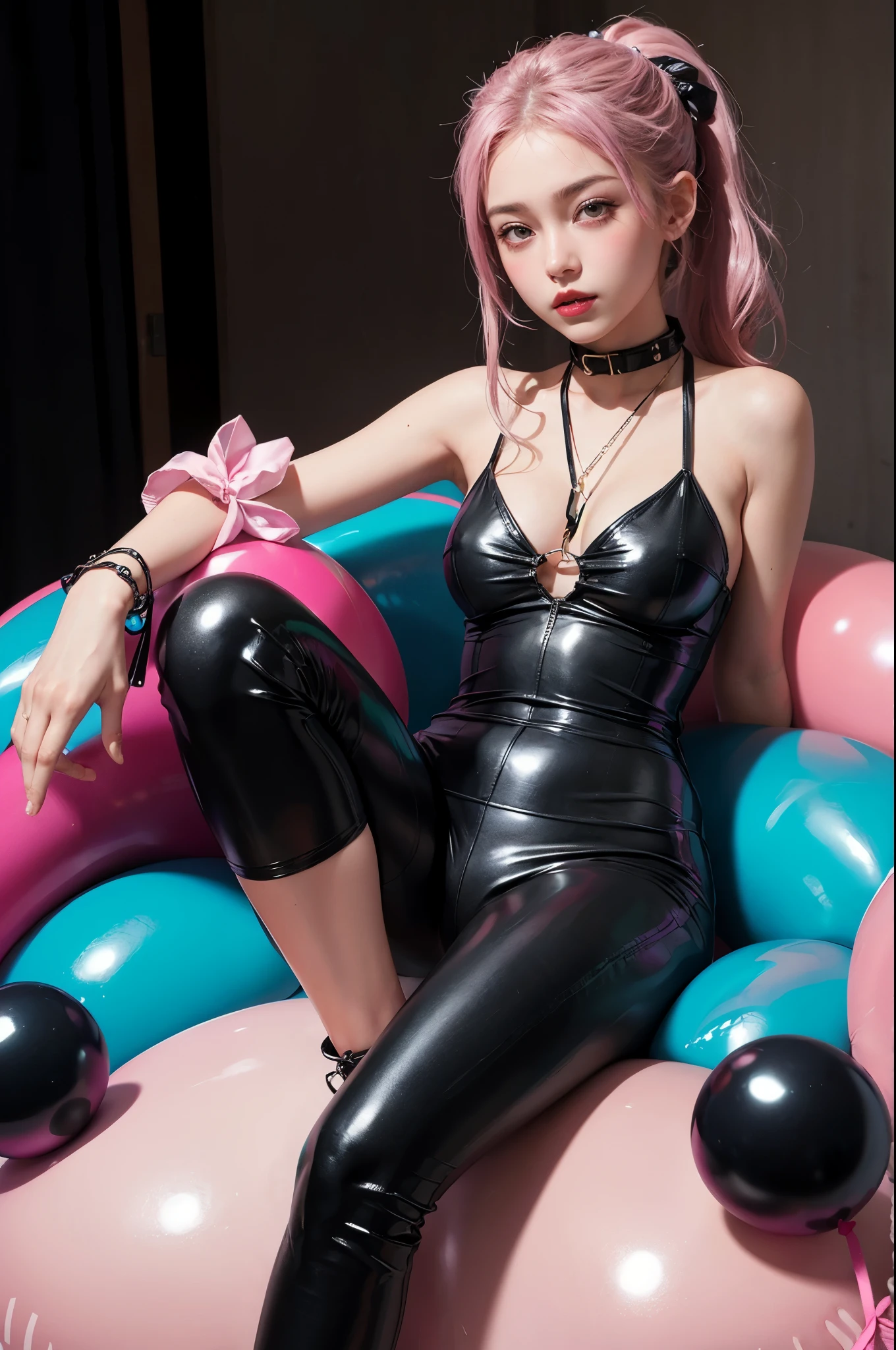 NSFW, gorgeous 20 yo woman with cute round face, long straight hair in ponytails, held with inflated black balloons, inside a giant pink inflatable lounge, angelic face, inflatable black balloon arm bands, inflatable bondage, long thick black rubber balloons, pink inflatables everywhere, pink and black color balloons, black balloon anklet, black balloon leg loops, black inflated collar, round face, balloon shibari