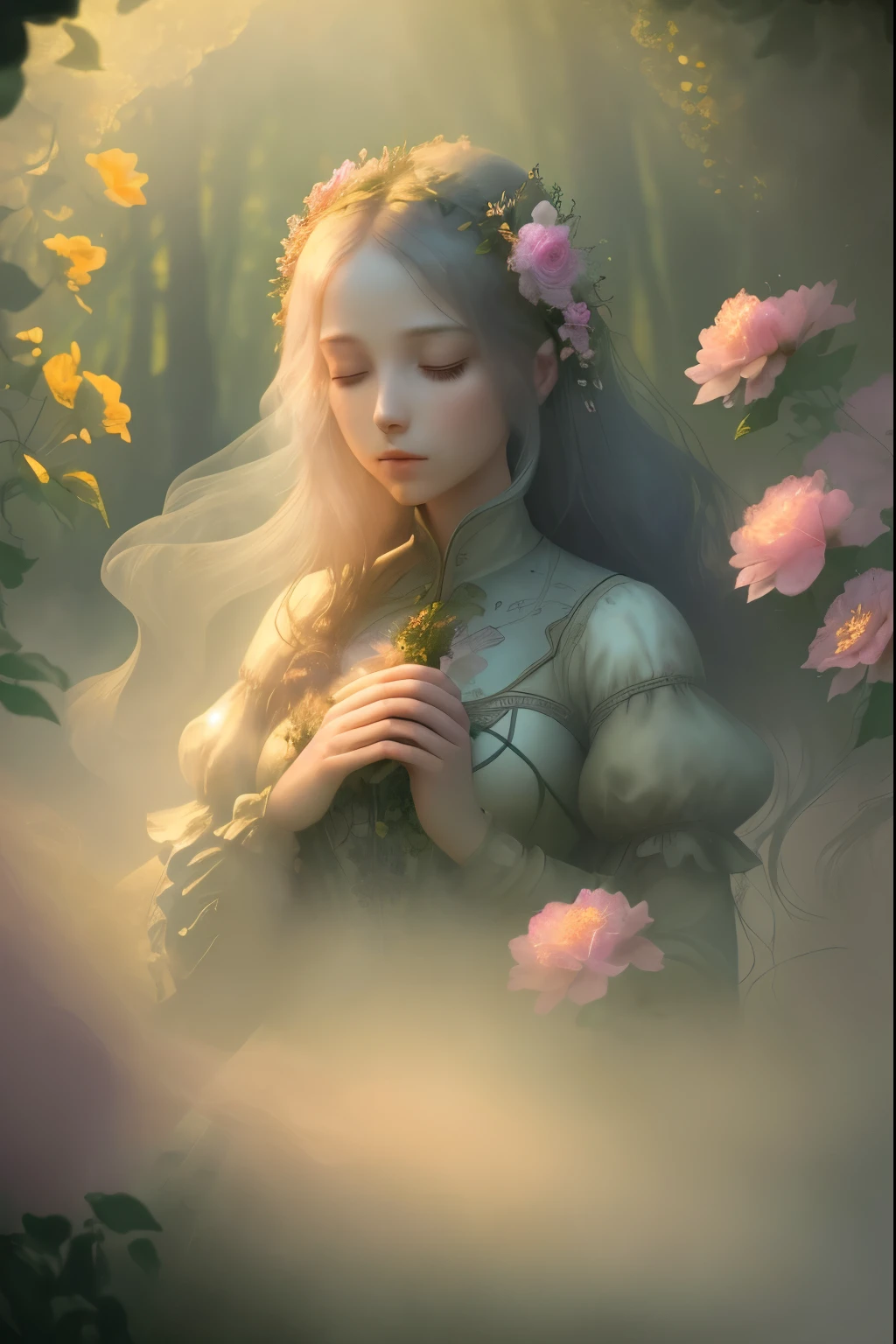 A girl in a garden,smoke empress,illustration,flowing smoke and mist,fragrant flowers blooming in the background,golden sunlight filtering through the trees,faint mysterious figures disappearing in the haze,whimsical and ethereal atmosphere,soft pastel colors,subtle lighting effects,best quality,HDR,vivid colors.