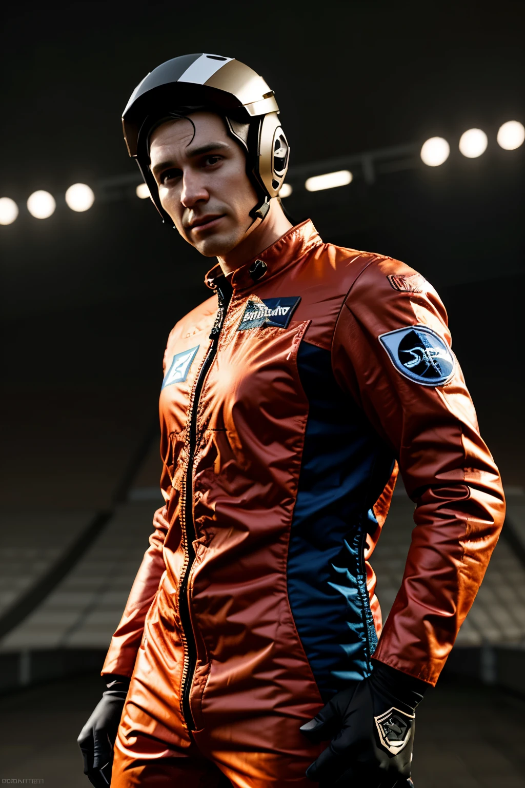 modeling, texturing, rigging, animating, lighting and trending, male, costumed, racer, 35 years old. without a helmet.
