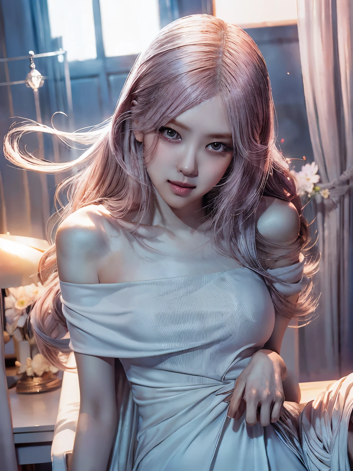 day, Princess of lightness,pink hair,busty,Glamour,Gorgeous,Jewelry,monochromes,goddess,light Fantasy,light Venus,erotic posing,Dynamic Posing,Dramatic,Cinematic,Detailed background,light fantastic view,Best Quality,masutepiece,8K,The ultimate detailed light background, best image quality、RAW photography、超A high resolution、show legs,cropped shoulders,close-up all over the body,Be red in the face,overall look is very erotic。(Hand optimization),(Details are strengthened),(High Picture Quality) An 18-year-old female、Shot for one person only、(smiling),model shoot、medium breasts、Wearing a white dress、Beautiful Eyes of Details、Very slender eyes、show legs and hip, Beautiful eyelashes、beautiful double eyelid、Very slim physique, Shy, with blush cheeks, 🤍