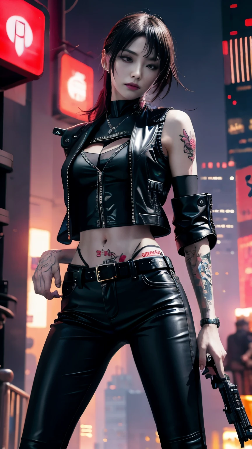 (highest quality)，masterpiece，Super detailed，8K, UHD，Beautiful woman，japanese woman，No expression，whole body，((tattoo))，slim，black leather pants，black leather vest，(female mafia)，gangster，(cyberpunk city)，night，cinematic lightening，underworld