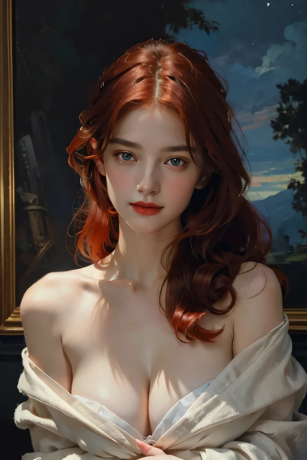 (masterpiece), (best quality), oil_painting, classical painting, portrait shot, ((vivid red hair)), mature woman, 30 years old, diamond face, moonlight, red starry sky background, depth of field, magic, big red lips, ((dark black eyes)) black and red long and full dress, covered chest, mystical atmosphere, ominous shadows, Intense blue aura, Intense red aura (best quality:1.2), absurdres, intricate details, (highly detailed skin:1.2), smile expression, posing, taut and well defined body, attractive. Highly realistic, pale skin, beautiful, hyperrealism, skin very elaborated, direct gaze
