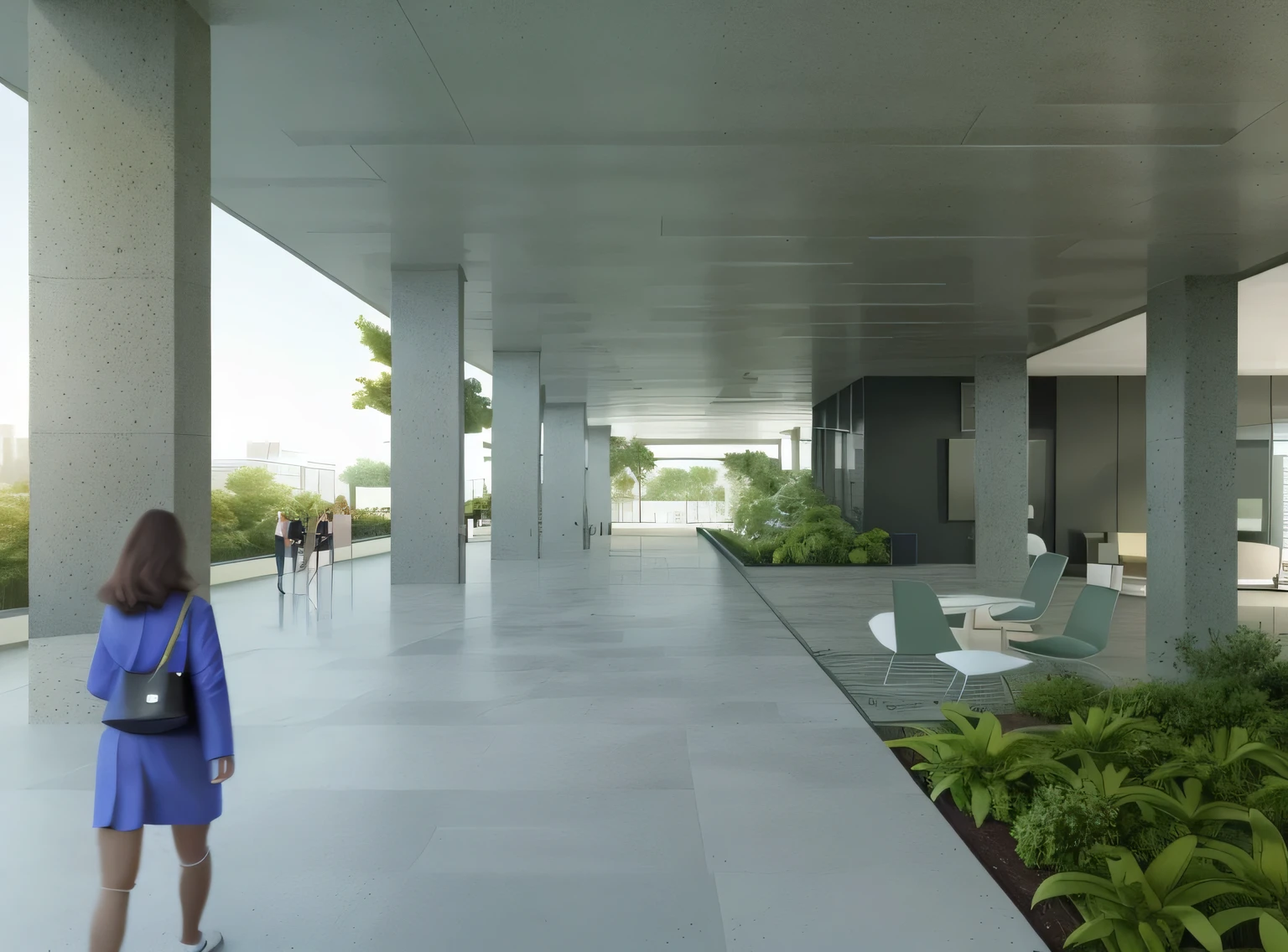 there is a woman walking down a walkway in a building, architectural render, ground level view, ground-level view, ground - level view, architectural rendering, architecture render, perspective view, architectural visualisation, detailed rendering, digital rendering, professional render, detail render, green terrace, photographic render, architectural visualization, low angle dimetric rendering, ground perspective; detailed