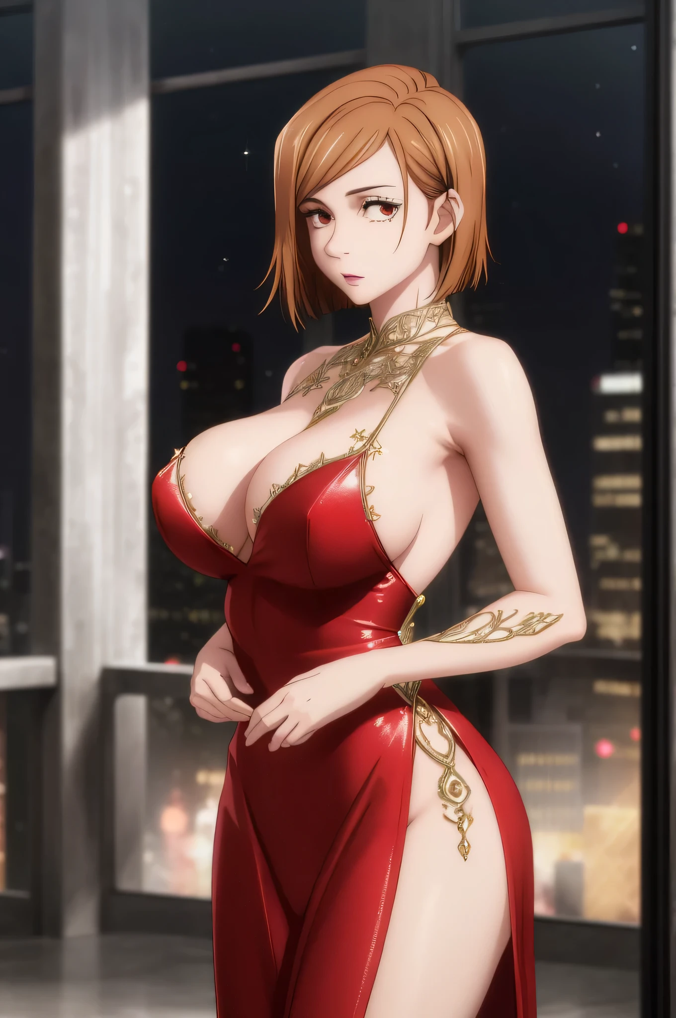 masterpiece, best quality, high quality, Nobara, photorealistic, (4k), depth of field, (Masterpiece), (realistic skin texture), extremely detailed, intricate, hyper detailed, professional photography, bokeh, high resolution, sharp detail, best quality, 1girl, beautiful, volumetric lighting, best quality, masterpiece, intricate details, tonemapping, sharp focus, hyper detailed, ballroom, beautiful dress, big breasts, sparkle dress, fancy red dress, red dress, red glitter dress, ballroom event, ballroom dress, sleeveless, hip slit, bare shoulders, sparkly red dress, met gala, ballroom party, fancy party, close shot, full frame, hall, award ceremony event, bright room, night time, stars, city buildings, lights on, upper body shot, looking at viewer
