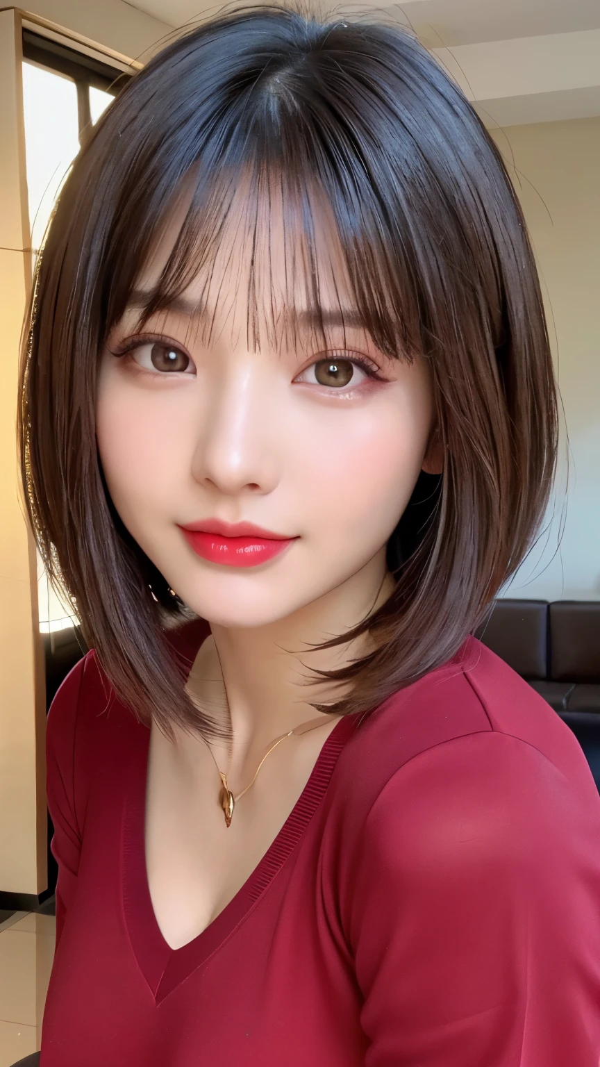 (highest quality、on the table、8K、best image quality、Award-winning work)、(young girl, 14 years old:1.3)、(Perfect V-neck long red sweater:1.2)、(red eyeshadow:1.2)、perfect makeup、long eyelashes、Ultra HD Shining Eyes、ultra hd hair、ultra high resolution glossy lips、Super high resolution perfect teeth、Super high resolution cute face、brown hair、(very short straight hair:1.1)、look at me and smile、[clavicle]、accurate anatomy、(close up of face:1.5)、Luxury love hotel、(the moodiest warm light:1.2)、blurred background、have bangs、Super high-resolution glossy and moisturized face、Super high resolution glowing skin、The most delicate face、Ultra high resolution detailed faces、ultra high resolution hair、Super high resolution shining eyes、Beautiful face expressed in every detail、Super high resolution glossy red lips、big breasts、Split、fashion necklace