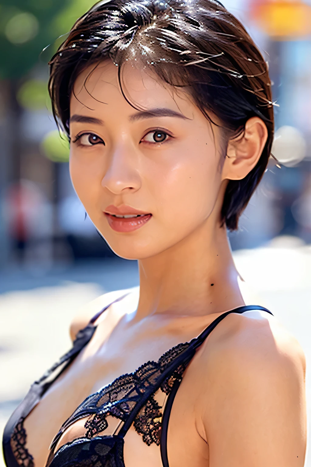 NSFW:1.5,((highest quality、8K resolution、master masterpiece、portrait:1.3)), Photoreal, 35mm film, 1 Japanese female, Upper body,Beautiful woman, on the street during the day, wrinkles around the eyes, plump body,pixie bob cut_boyish、bangs,smile,((black lace bra_panties:1.3)) , (outdoor:city street 1.3), jumbled background,look at the audience,Tokyo cityscape:1.3
