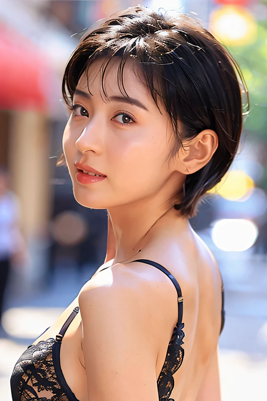 Hair blowing in the wind、Wet Skin、Wet Hair、Wet clothes、Sea at dusk,A cute girl with a face like a Japanese idol,(Cleavage),((Cinema Lighting),(Natural light),(High level of artistry),(artistic),(Indistinguishable quality from the real thing),{{RAW Photos}},{{Genuine}},High resolution,masterpiece, beautiful, Handsome Tomboy, Looks like a salon model, ((Cool face)), Neutral facial features, 