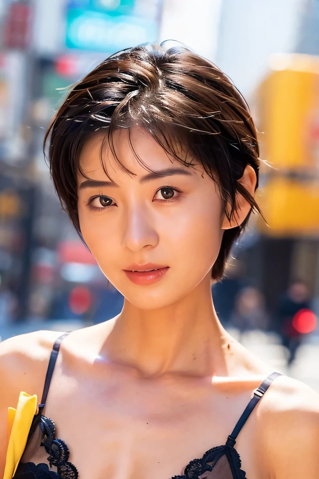 NSFW:1.5,((highest quality、8K resolution、master masterpiece、portrait:1.3)), Photoreal, 35mm film, 1 Japanese female, Upper body,Beautiful woman, on the street during the day, wrinkles around the eyes, plump body,pixie bob cut_boyish、bangs,smile,((black lace bra_panties:1.3)) , (outdoor:city street 1.3), jumbled background,look at the audience,Tokyo cityscape:1.3