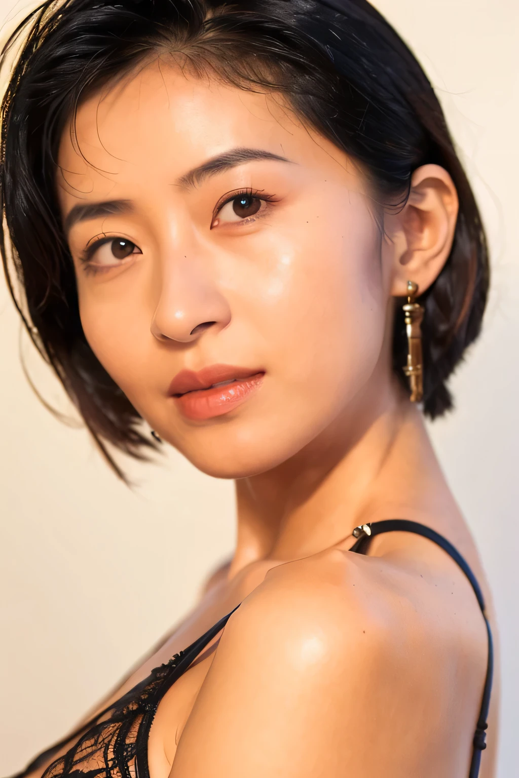 (highest quality, 8k, 32k, masterpiece, Ultra-high resolution:1.2),Beautiful Japanese Women Photos, 1 person, Glowing Skin, Glittering earrings, glamorous, Charm, Exposing shoulders, Sheer silk lace crop top, Tight Skirt, Shallow depth of field, Professional models, Look forward, Overbyte、Half-open mouth、blush:2.5、Small breasts、Random hairstyles for short hair、Black Hair、close up face、Portrait、Teeth are visible、Wide mouth、Droopy eyes、round face、Multiple moles、Fair skin、A lively 18-year-old、Brown eyes、Big smile、The gesture of pulling up the hair、I can see the side、Distant eyes、Round Nose
