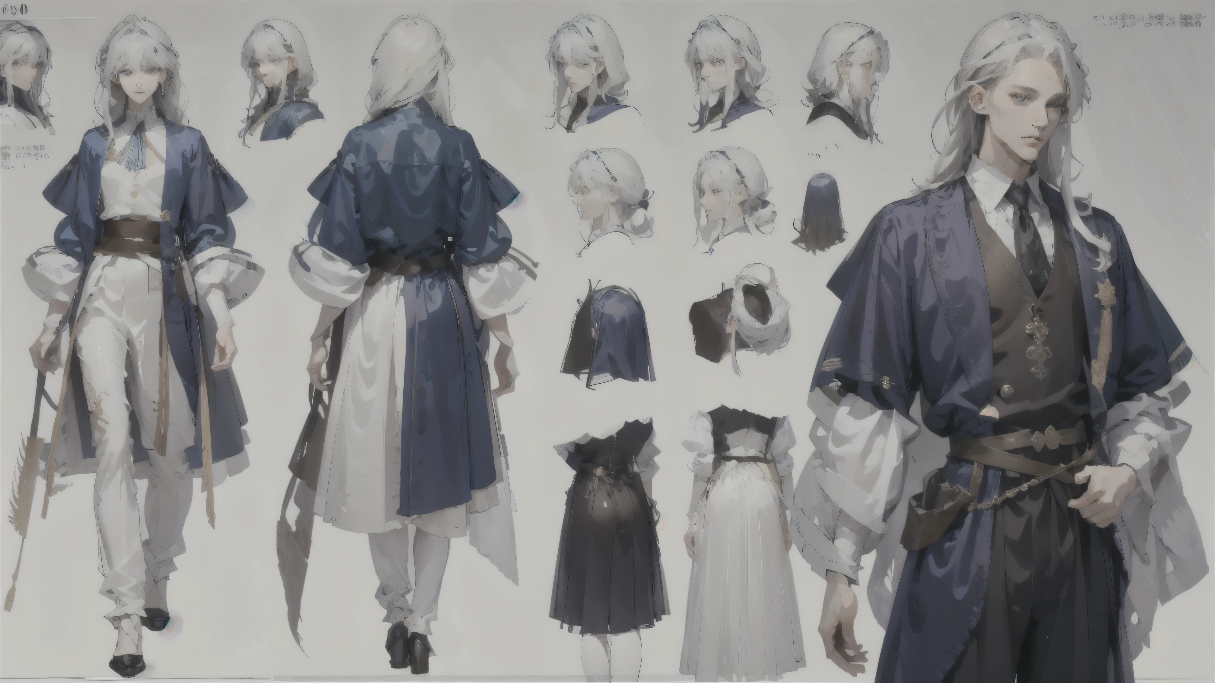 ((Best quality)), ((masterpiece)), (detailed), ((light skinned male 30 years old)), Adult male, light skin, white skin, ((male)), gray with blue eyes, white hair, (long hair), straight hair, anime style, 4k image, full body, ( white background), regular background, full background, character sheet, full body from the front, full-length from the back, Handsome man. angular face, tall, slender body. Character Design Sheet, All Detailed Parts, Front View, Back View, Aristocratic Clothes, Fantasy Clothes, Aristocratic Clothes, Male Clothes, Perfume, Detailed Face, Entire Character Design Sheet, Full of Details, Front View, Back View, Highly Detailed, Depth, face expression turned out to be a guy, male,